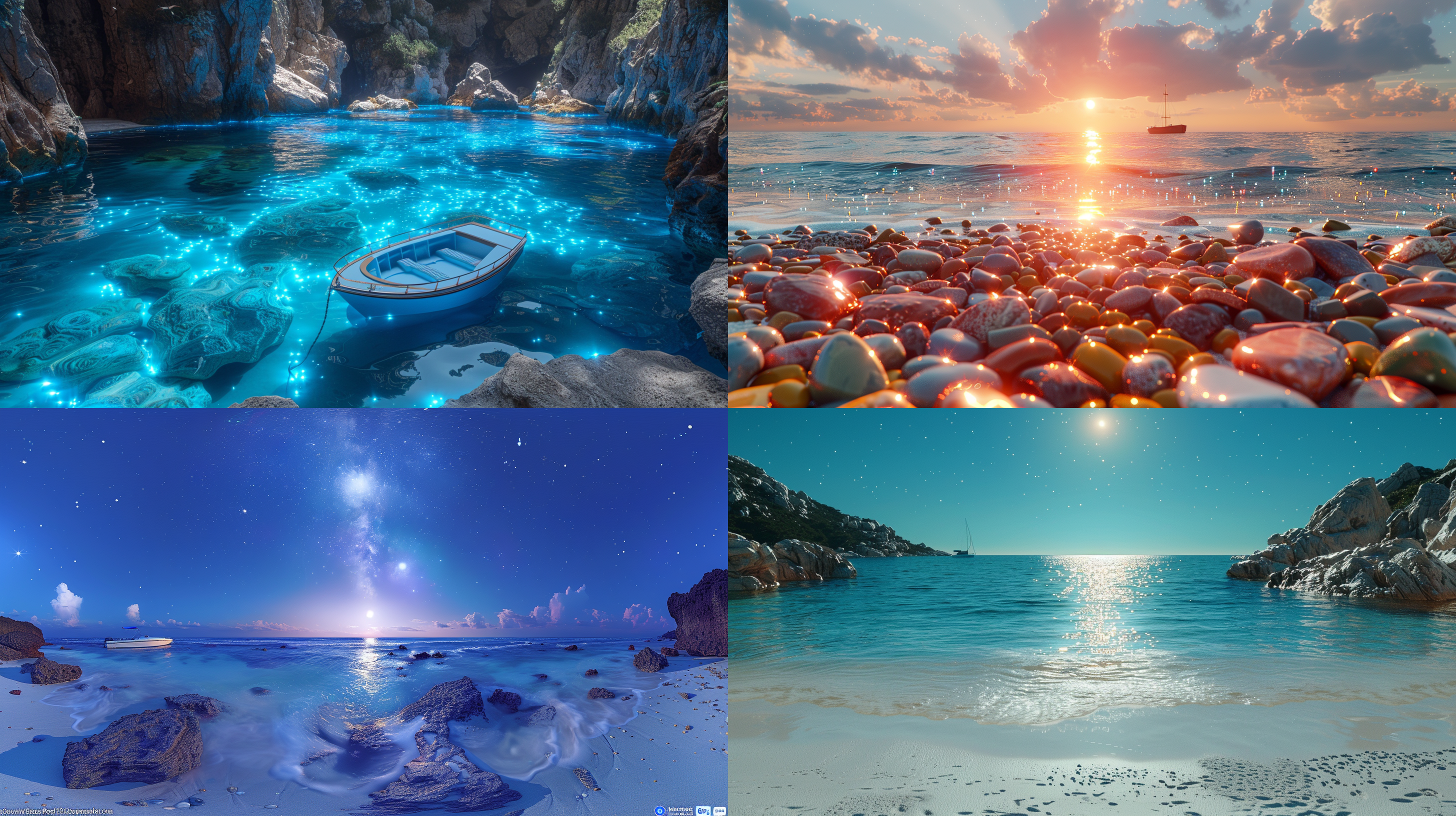 淡蓝色海滩，彩色石头，小船远处，荧光海洋，闪烁星星，3d，超宽视图，月光星海，反射，cg社交主题，体积光，太空艺术，生物发光，虚幻引擎5，光的魔力，超广角，顶视图，8k。