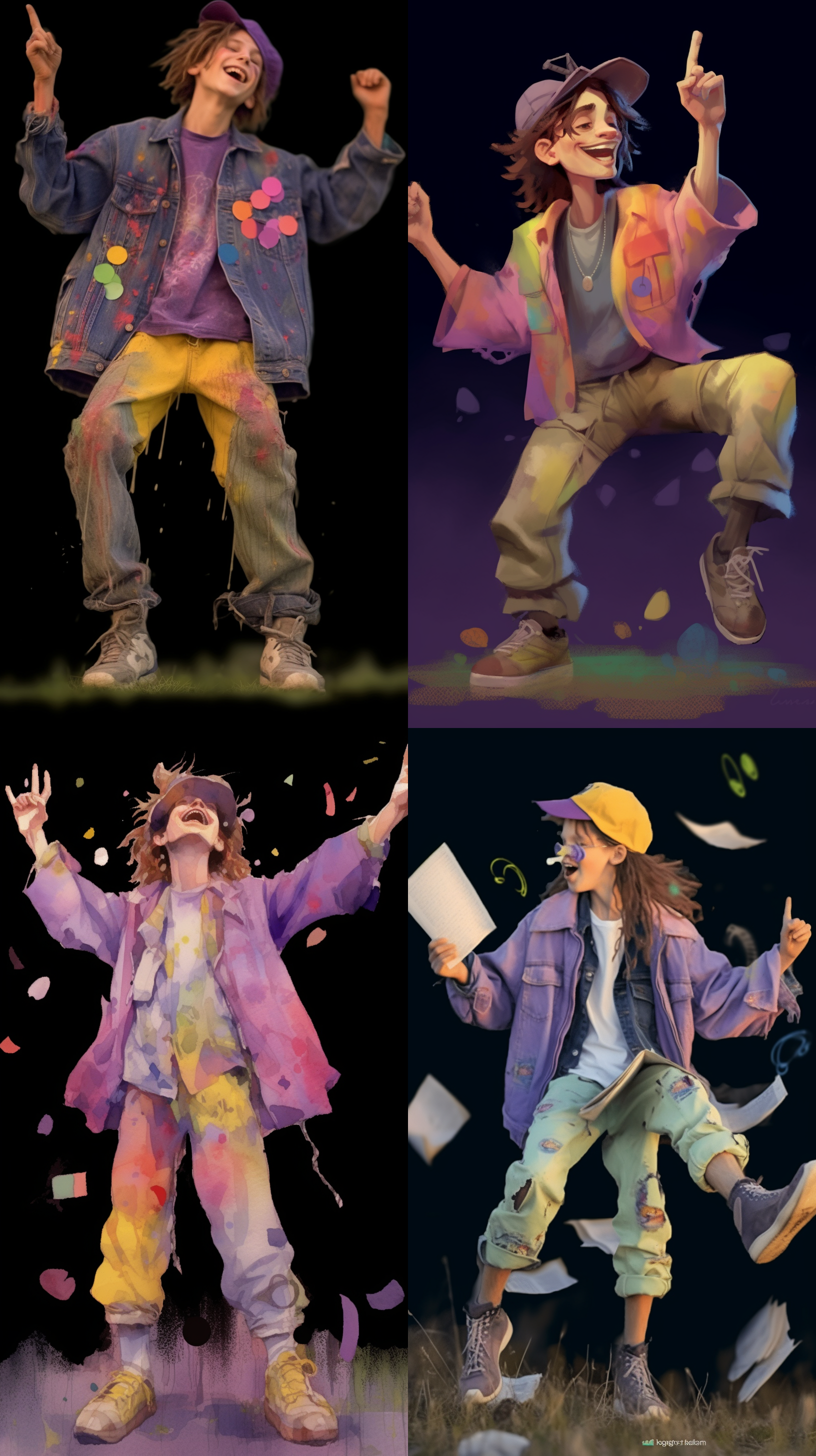 男孩破烂紫衣，音符环绕，笑容灿烂，户外草地，逆光拍摄，长焦镜头，自然光，舞动，欢快，多彩。 水彩儿童画 点状风格 全身 波普色 鸟山明 角色设计 欣喜若狂