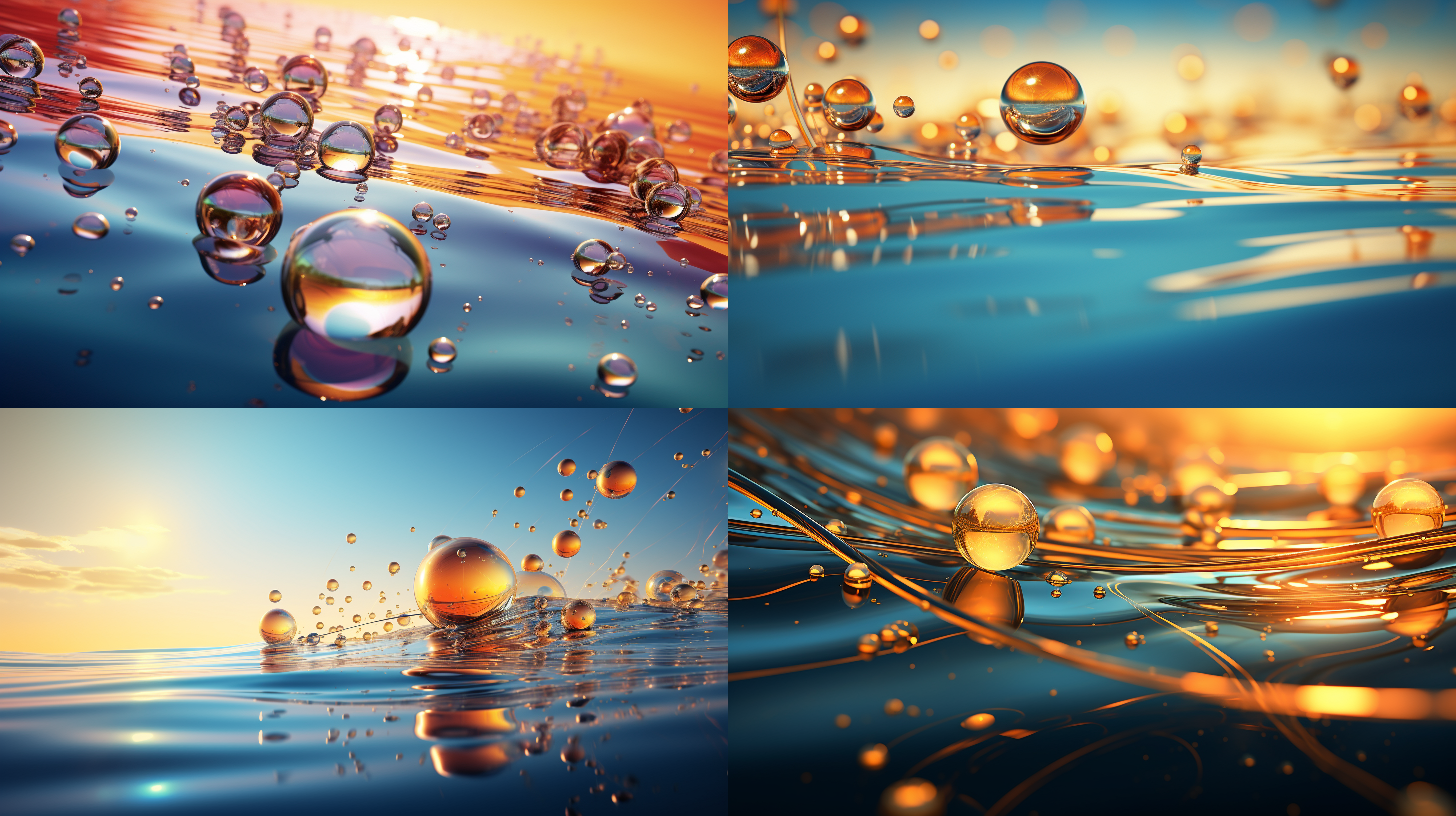 rich and calm sea surface with vibrant colors, golden abstract metal lines and small balls above the water, a plethora of colors and details, high definition, tranquility, harmony, a photo with abstract c4d imagery.