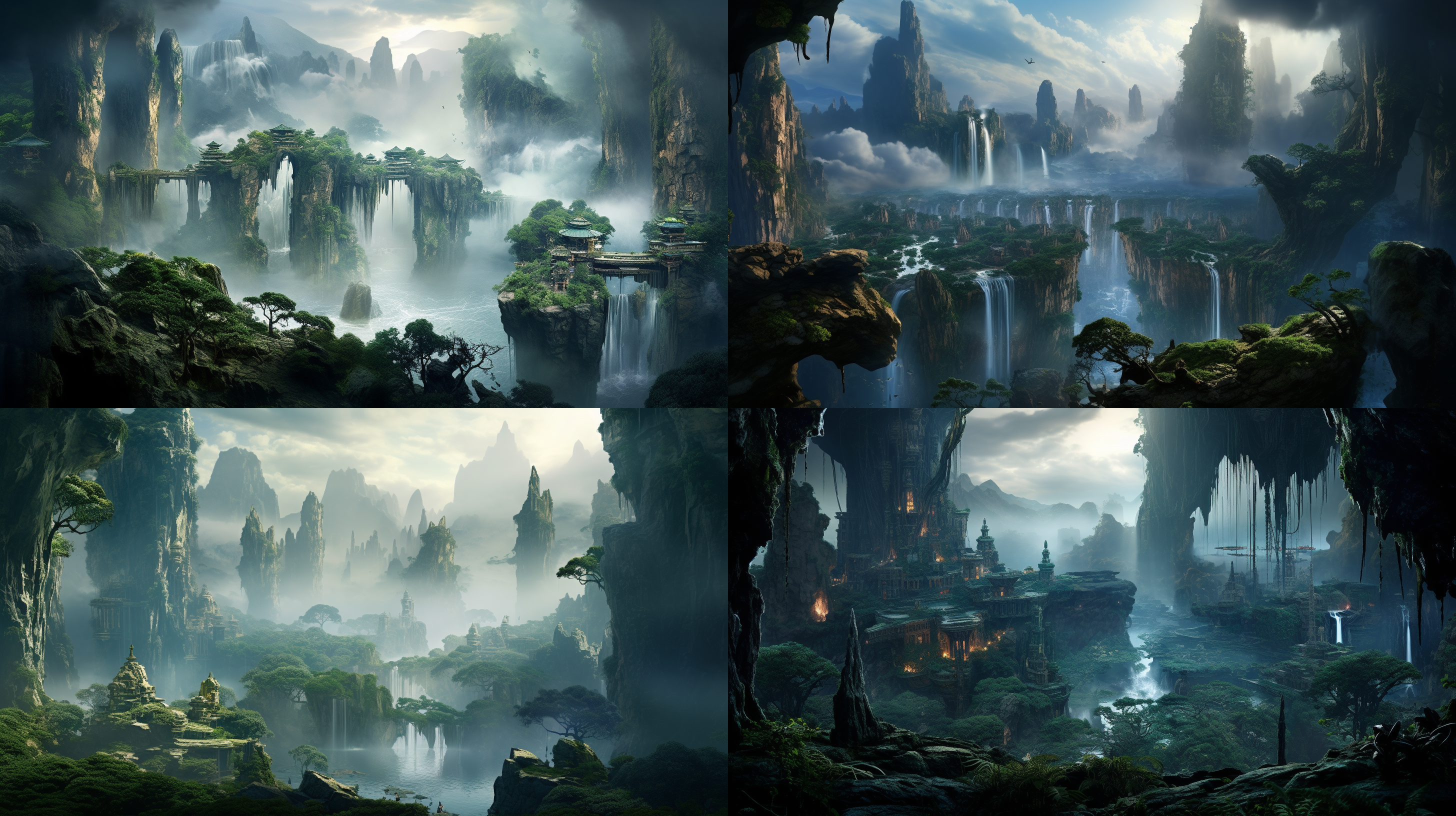 高空迷雾中的阿凡达世界，绿植瀑布倒影，神迹建筑若隐若现，全景相机捕捉，光影折射悬浮动作，灰蓝色调营造神秘氛围。