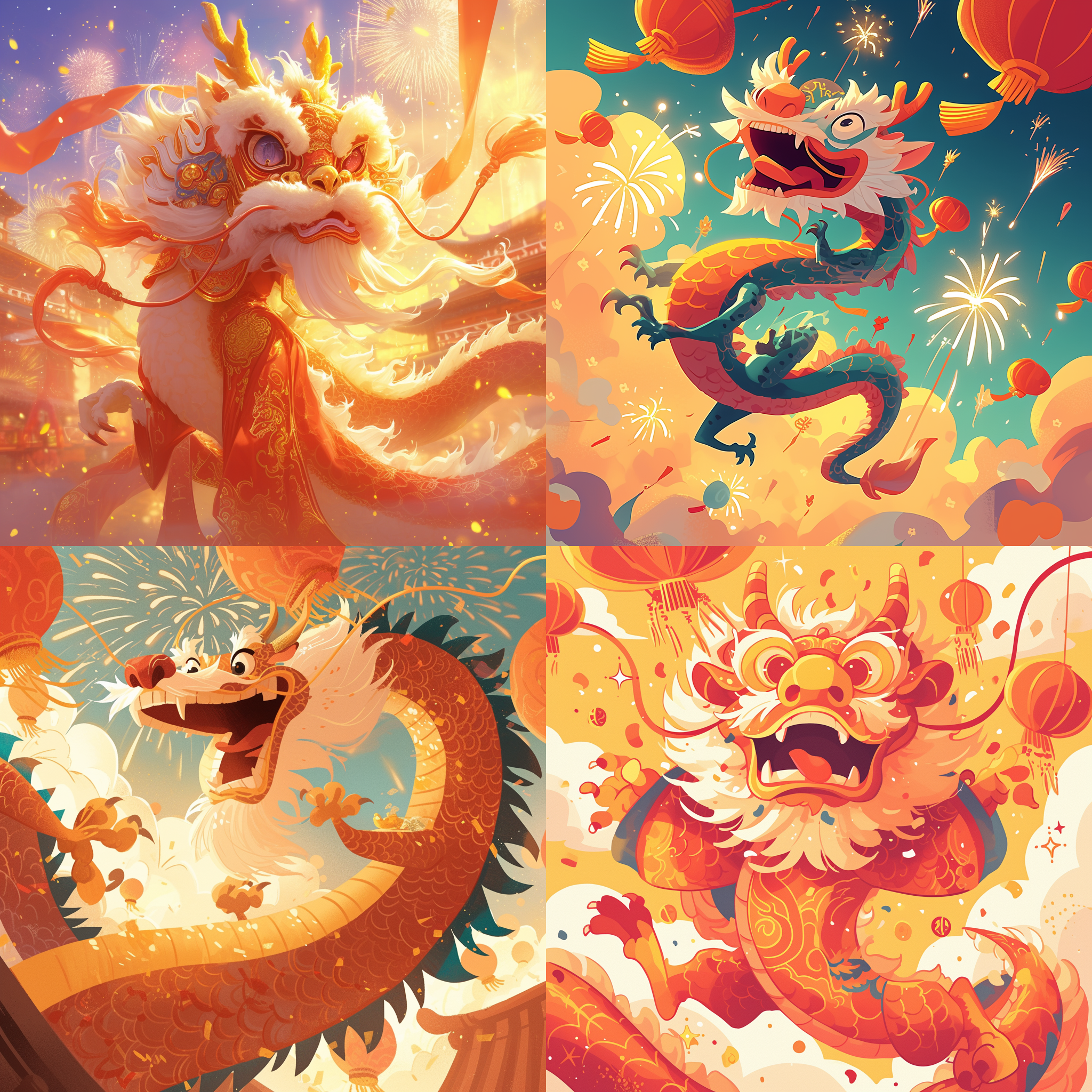 卡通中国年年兽，喜庆气氛，色彩缤纷，烟花绽放，欢快表情，传统服饰，暖色调，长焦镜头，逆光拍摄，舞动动作，喜庆元素，喜悦情感。