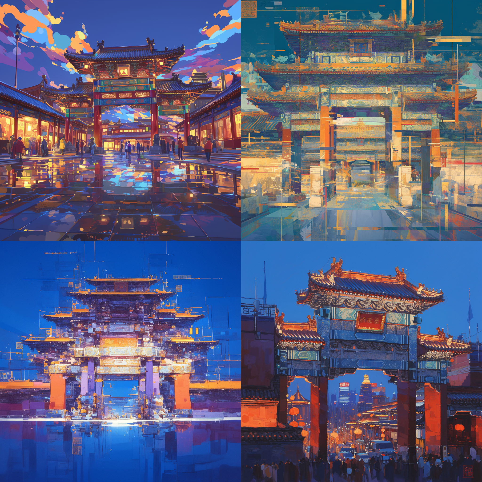 北京标志性建筑，油画笔刷，细节丰富，流光溢彩，对称构图，夜景，华灯初上，广角镜头，柔和侧光，繁忙街道，色彩斑斓，兴奋。