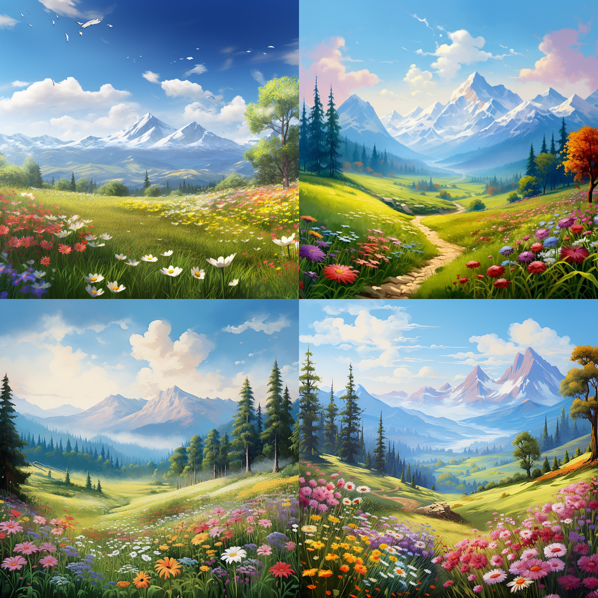 蓝天，一个空旷田野农村中，有山有树木有花，两旁是有少量花朵、绿植和草地，生机勃勃的春天，色彩丰富，有明亮的光线， 竖图，背景清新自然，梦幻插画风