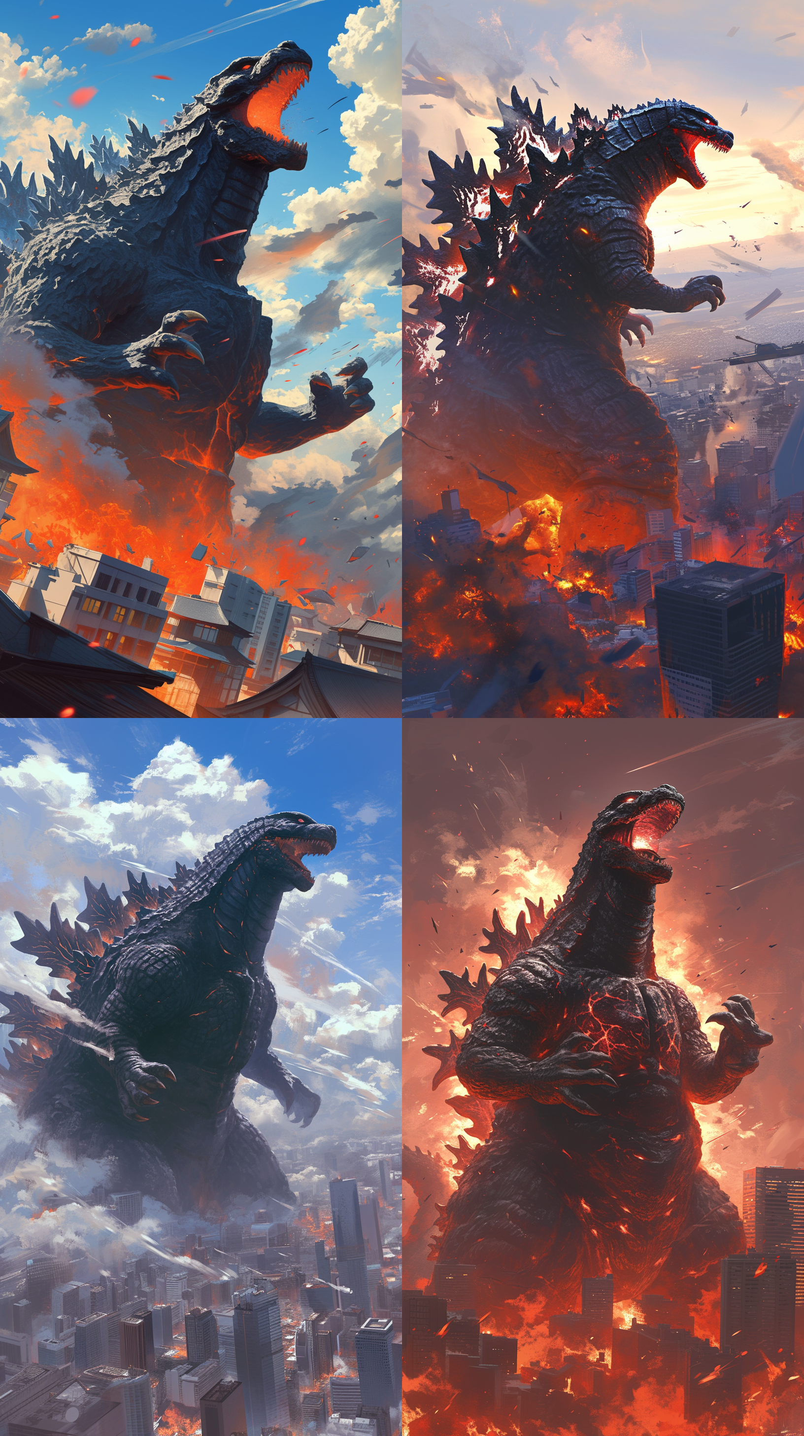 a giant japanese black godzilla, opening its mouth and roaring, its skin is in a burning state, lava-like texture, with white smoke coming out of its body, stands above the city, with flames and smoke at its feet and all around it, the, next to ruins and shattered buildings, realistic style, surrealistic murals,surrealistic details, desperate scenes, ultra hd, 32k,2d game art, cg