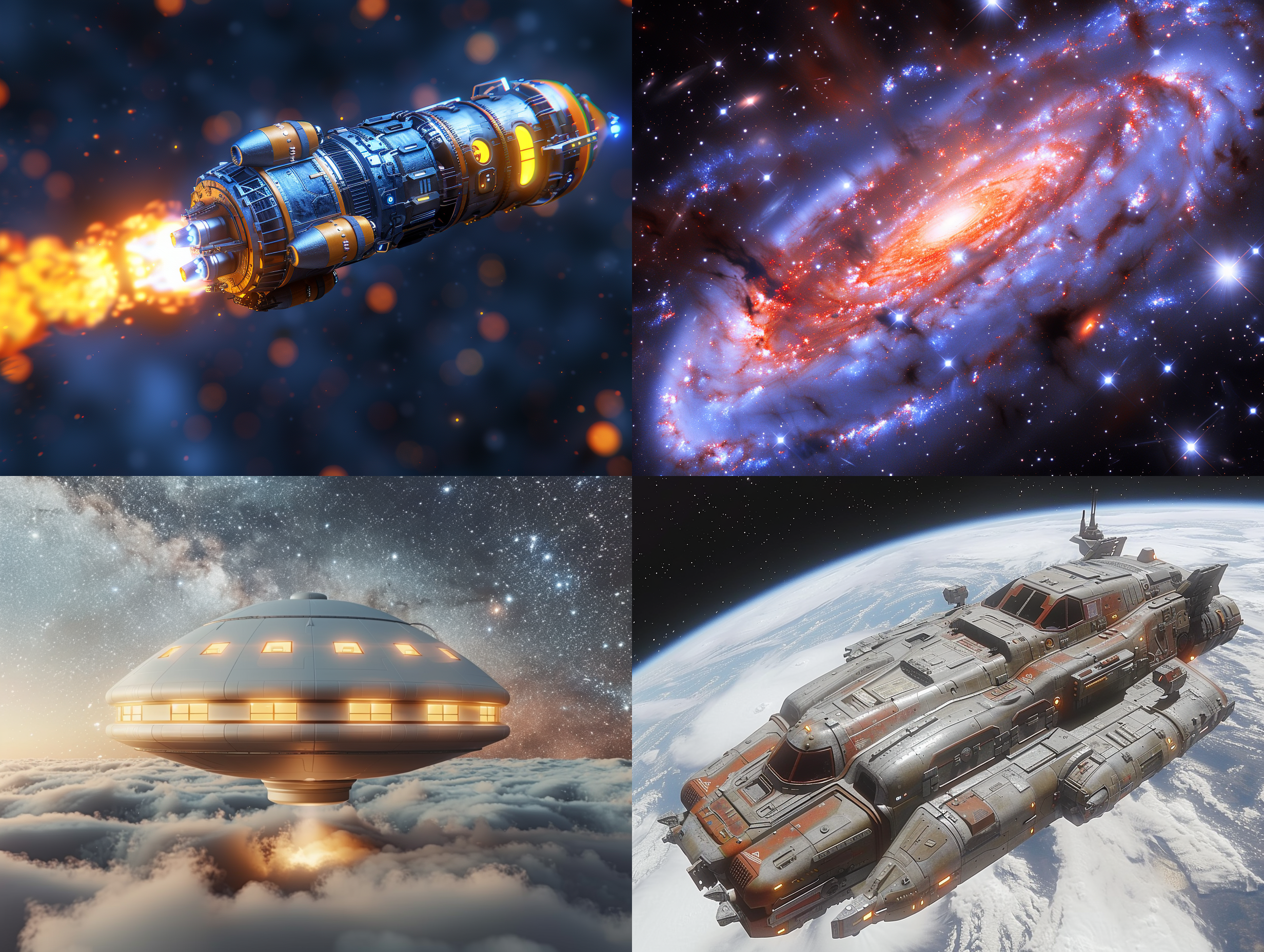 宇宙飞船，苍穹深邃星空，超广角镜头，夜景模式，明亮灯光，仰视角度，震撼情感，巨大白洞辉映，璀璨光芒映衬，虚实交错，神秘莫测，科幻风格，蓝色调。