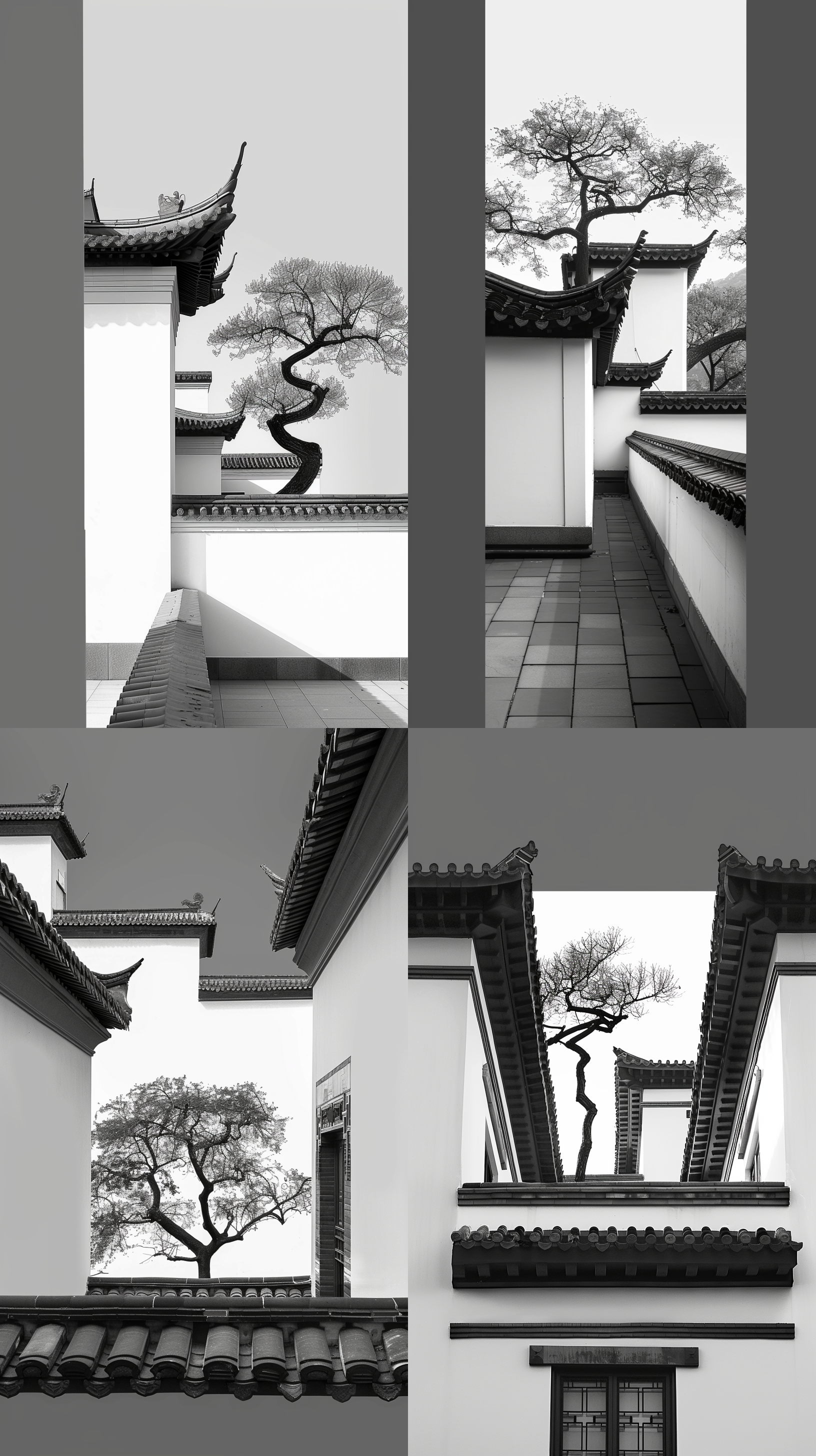 徽派建筑，黑白照片，白墙黑瓦，高清晰度，细节丰富