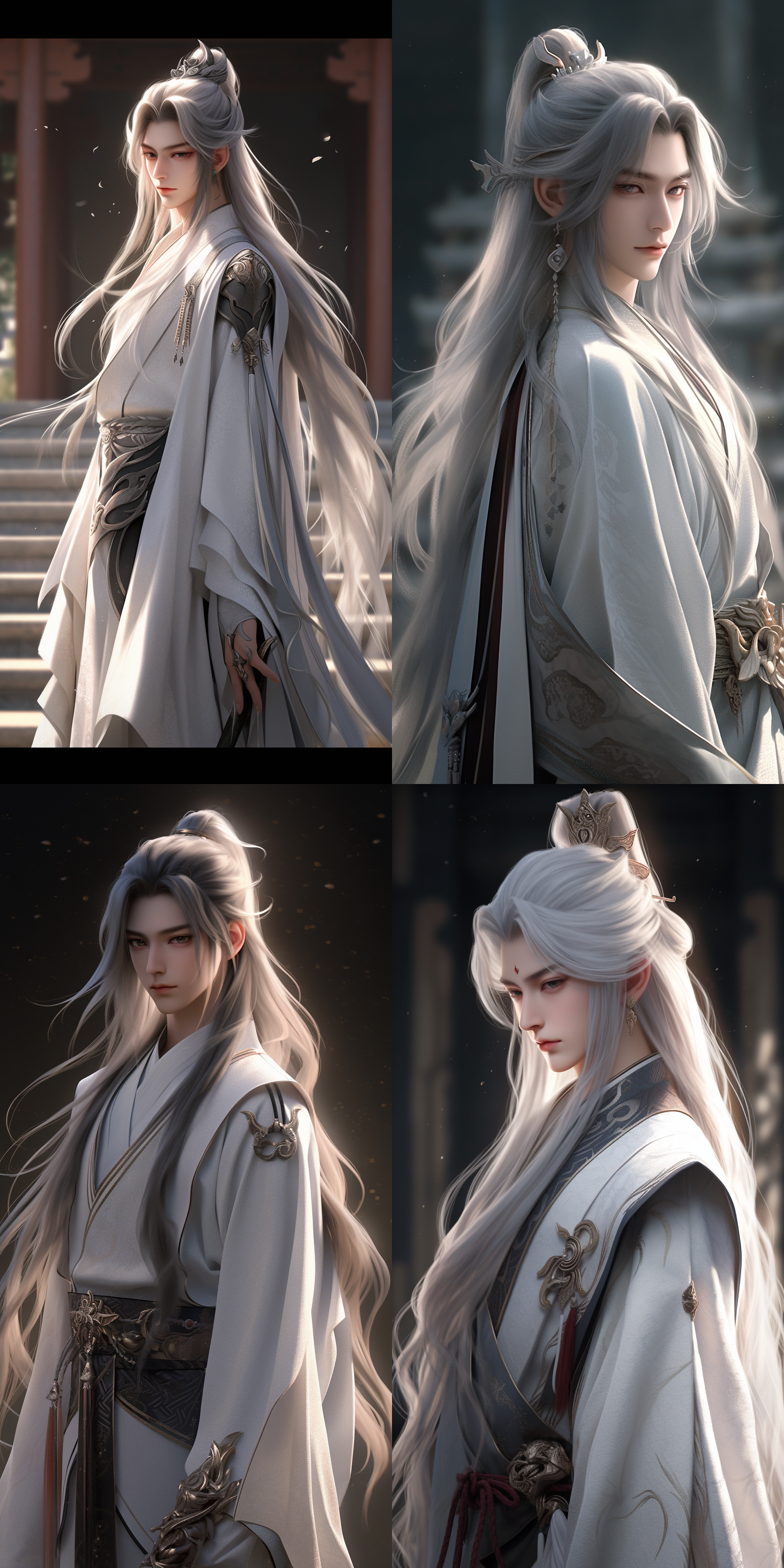 一个中国古装男子，超级帅气高级精致面容，眉毛细长，有双眼皮，奶白色且柔顺长直的长发。有刘海，头饰，眼晴发出金色的光芒，用玉冠束起，薄唇饱满线条清晰，顺光，逼真照片，3d模型，超清画质，8k，古风，古建筑，柔和的光线，繁琐白色暗纹服饰，有肩甲