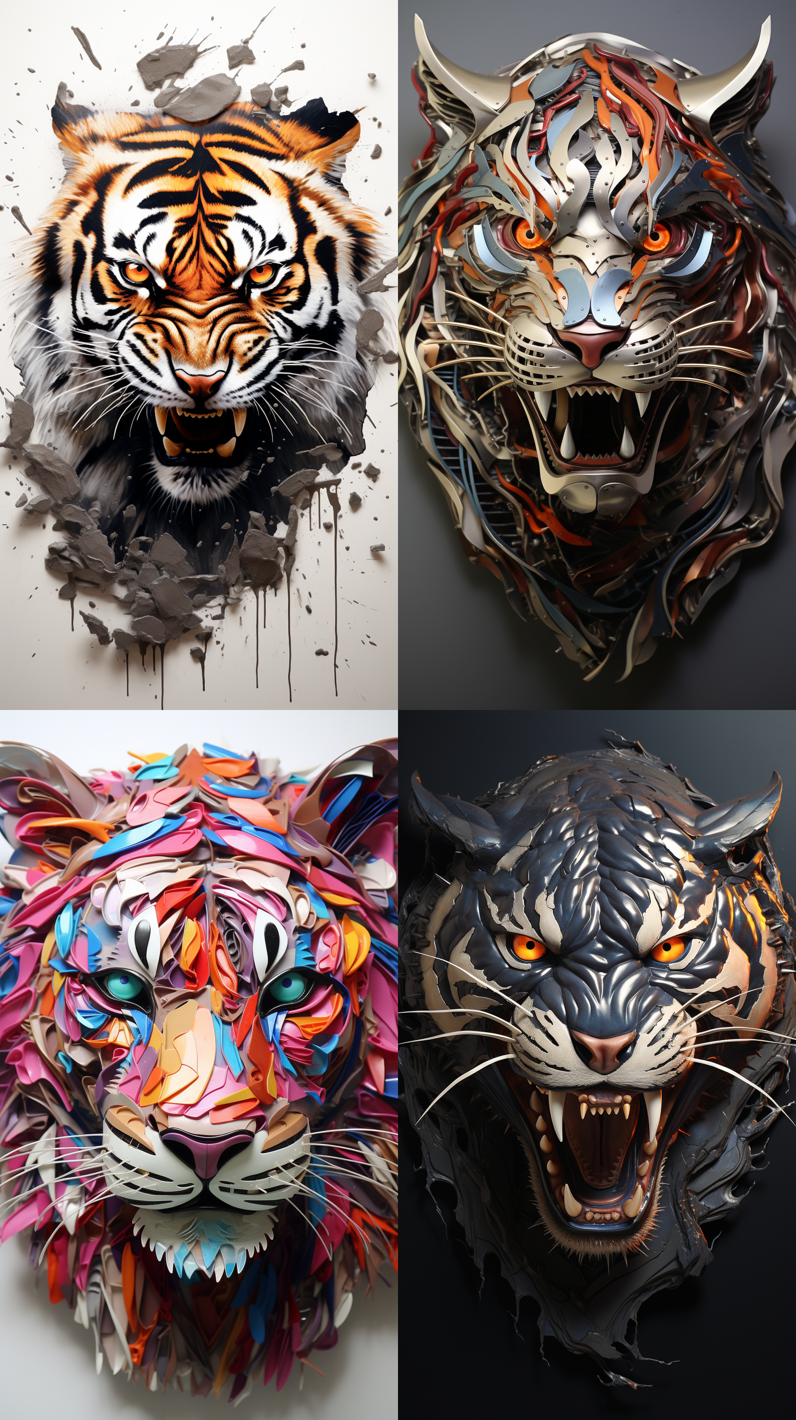 金属虎笑出来，从墙壁上出现，眼神接触，3d贴纸，纯白色背景，画面留白，肖像模式，高清晰度，明亮色调，静态。