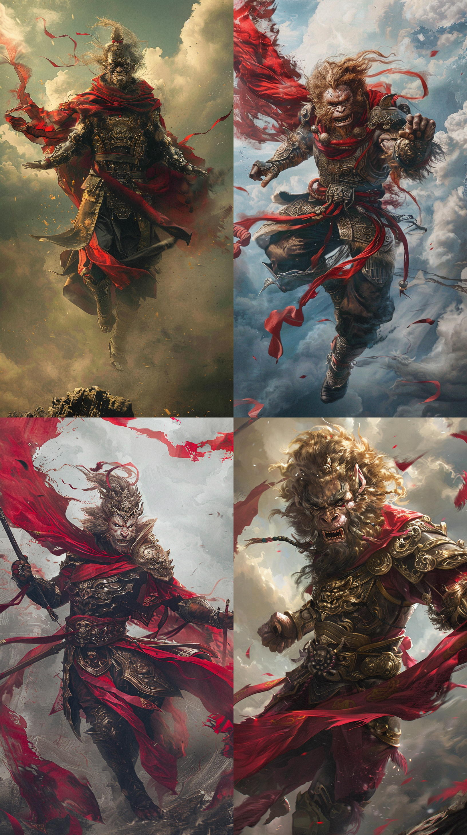 猴王独舞，盔甲，红披风在风中舞蹈，调皮脸，分嘴唇，尖牙，胸毛，獠牙，胡须，肩甲，红布在他身后飘动，手持棍子，暗杀，漂浮，漂浮在空中，空灵的幻想概念艺术，壮丽的，天空的，空灵的，绘画的，史诗的，宏伟的，神奇的，幻想的。