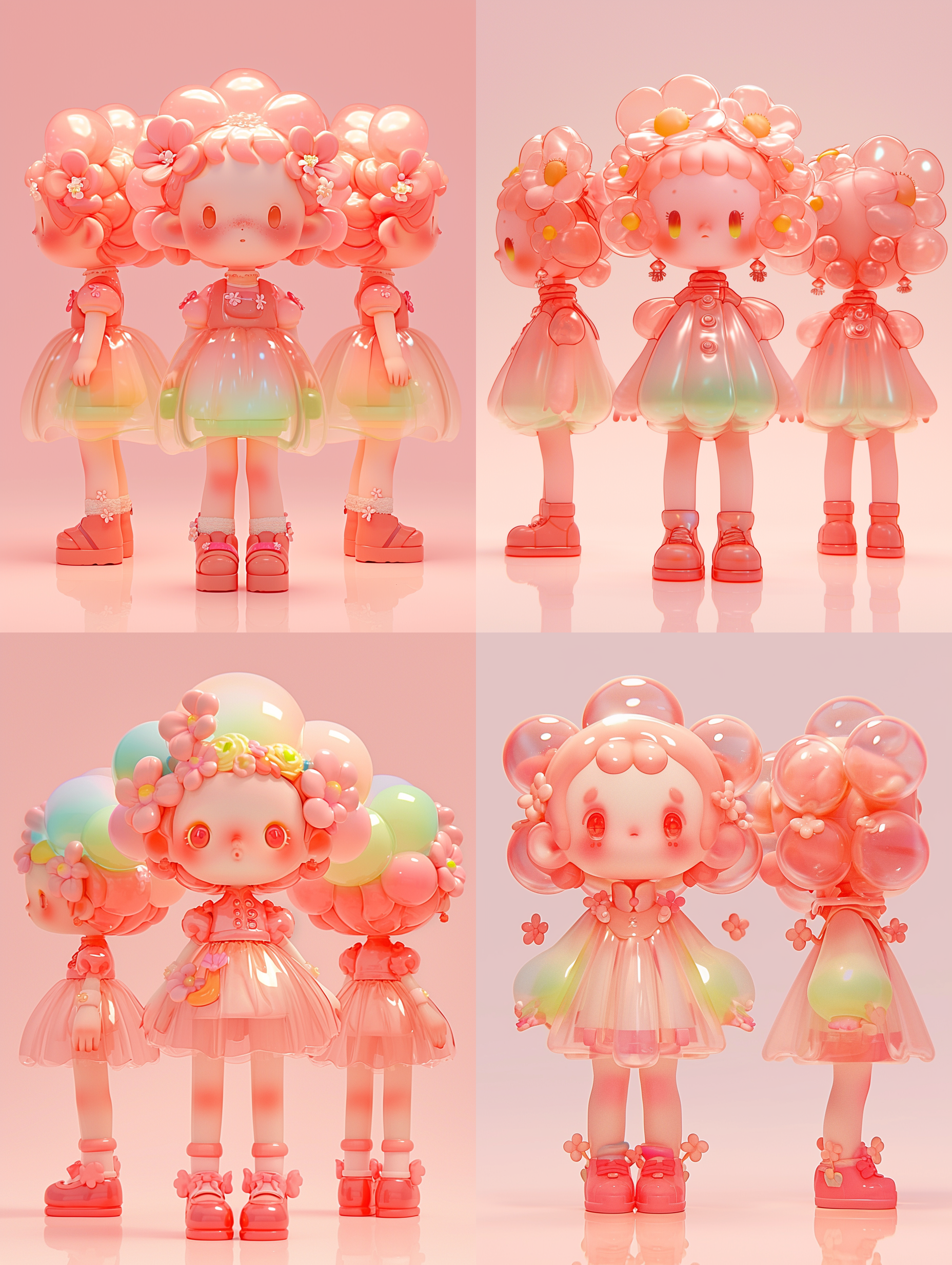 三视图，正视图，侧视图，背视图，q版，三头身，可爱，古风小女孩，花朵，糕点full body, enerate three views, namely the front view the side view abd the back view, super cute girl ip by pop mark, colorful, plastict ransparent, soft lighting, glowing body,mockup, blind box toy,fine luster,clean background, 3d render, oc render, best quality 4k, ultra detailed, crazy details