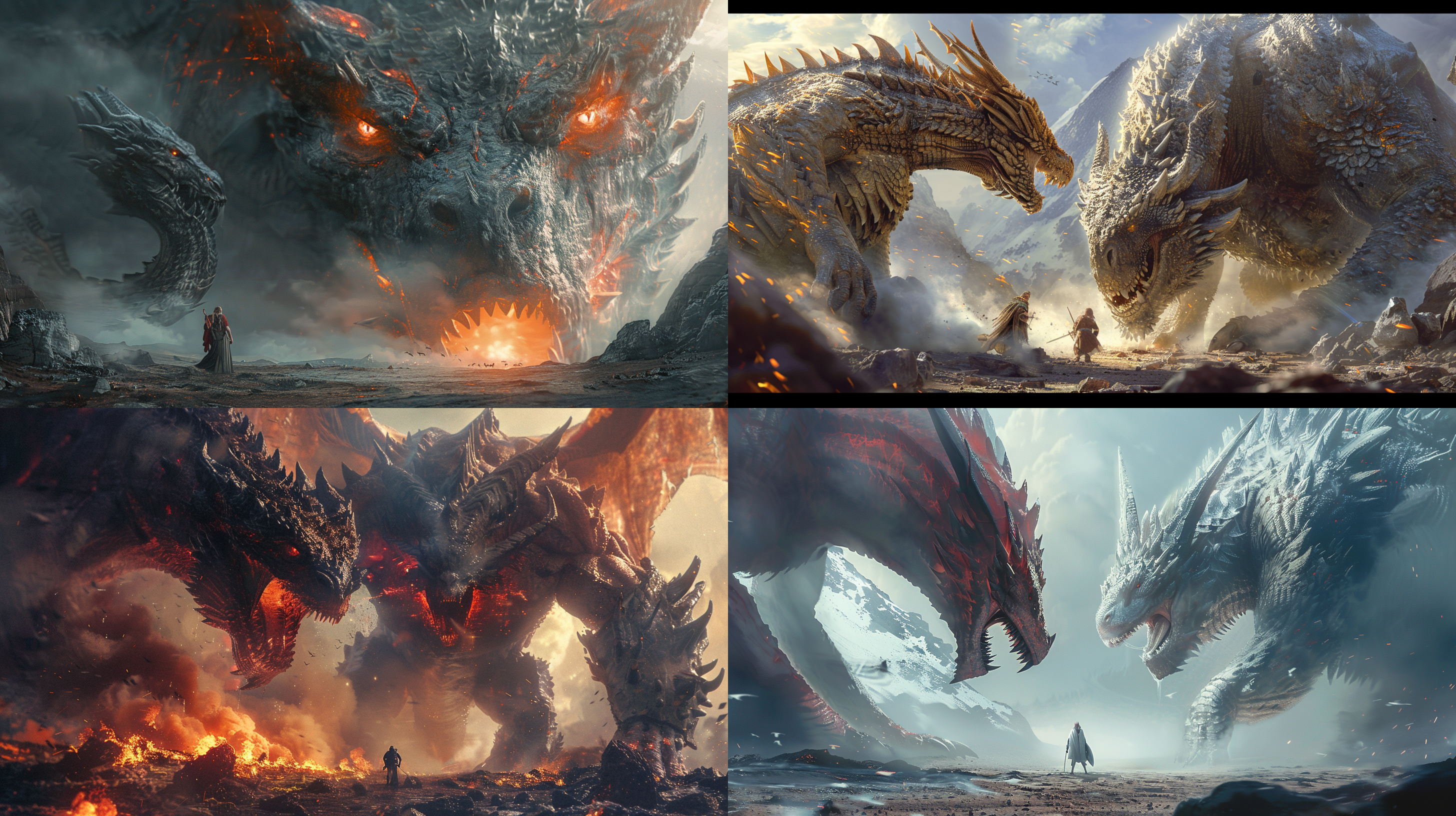 on the left is a huge evil dragon, on the right is an equally towering rock giant, the two monsters are in a fierce battle, and underneath their feet is a tiny human warrior. balanced composition, epic movie feel.