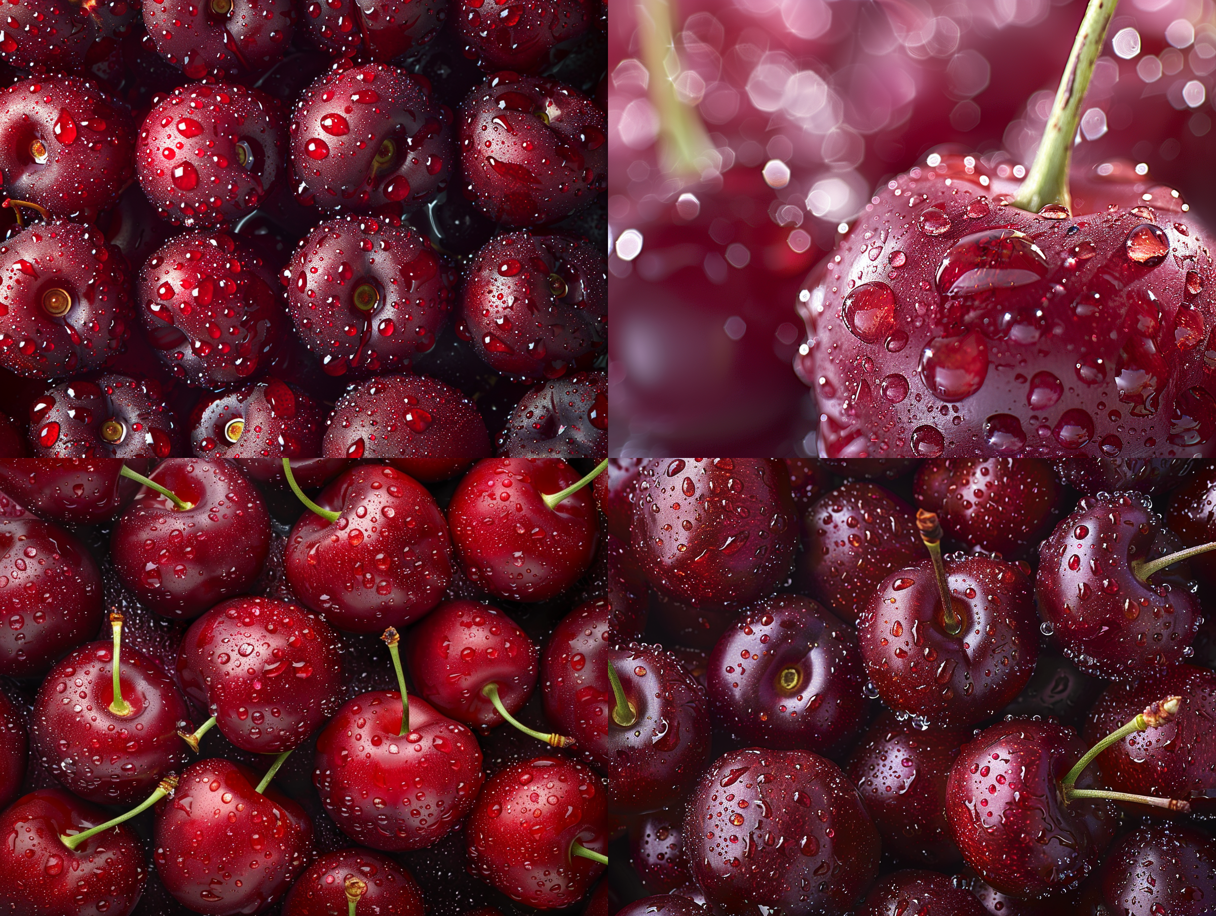 车厘子的高分辨率特写照片，展示了它们充满活力的酒红色和晶莹剔透的图案。每个车厘子闪亮发光，水滴在完美的对称中闪闪发光。整个图片的背景增加了构图的深度，有一种让我垂诞欲滴的有吸引力的感觉