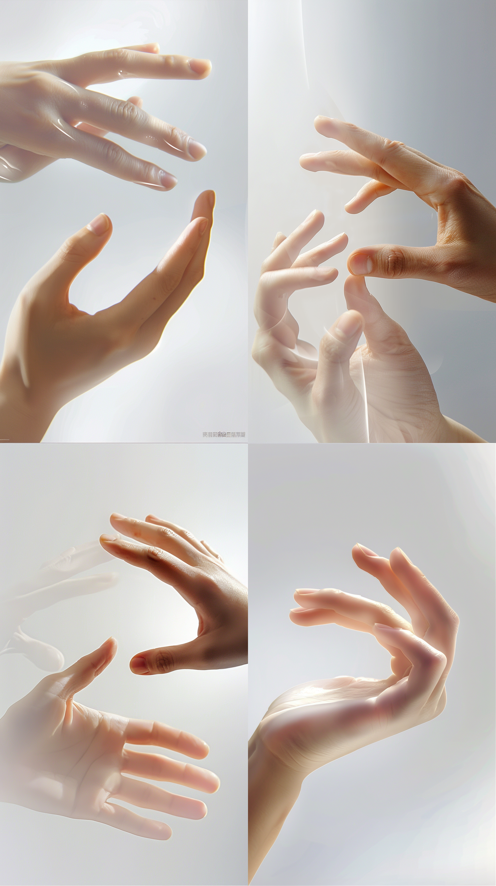 手势图，双手对称，细节丰富，明亮色调，高清晰度，特写镜头，手势动作，纤细的手指，表情丰富。