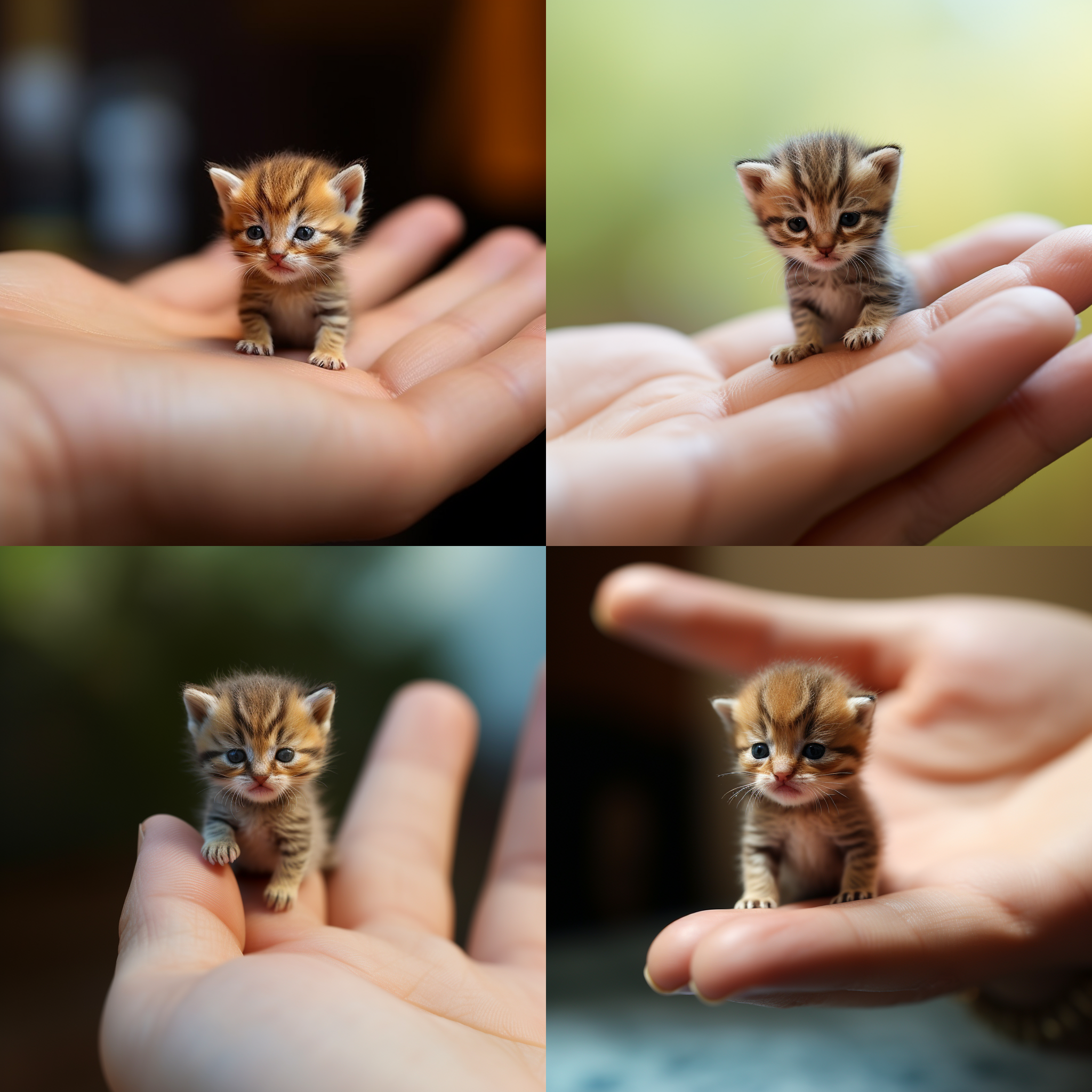 世界上最小的小猫，超迷你小猫，放在手掌上，完美图像质量，电影cg，微距镜头，人工环境，柔和灯光，温馨，惊奇，可爱，微笑，无忧无虑。