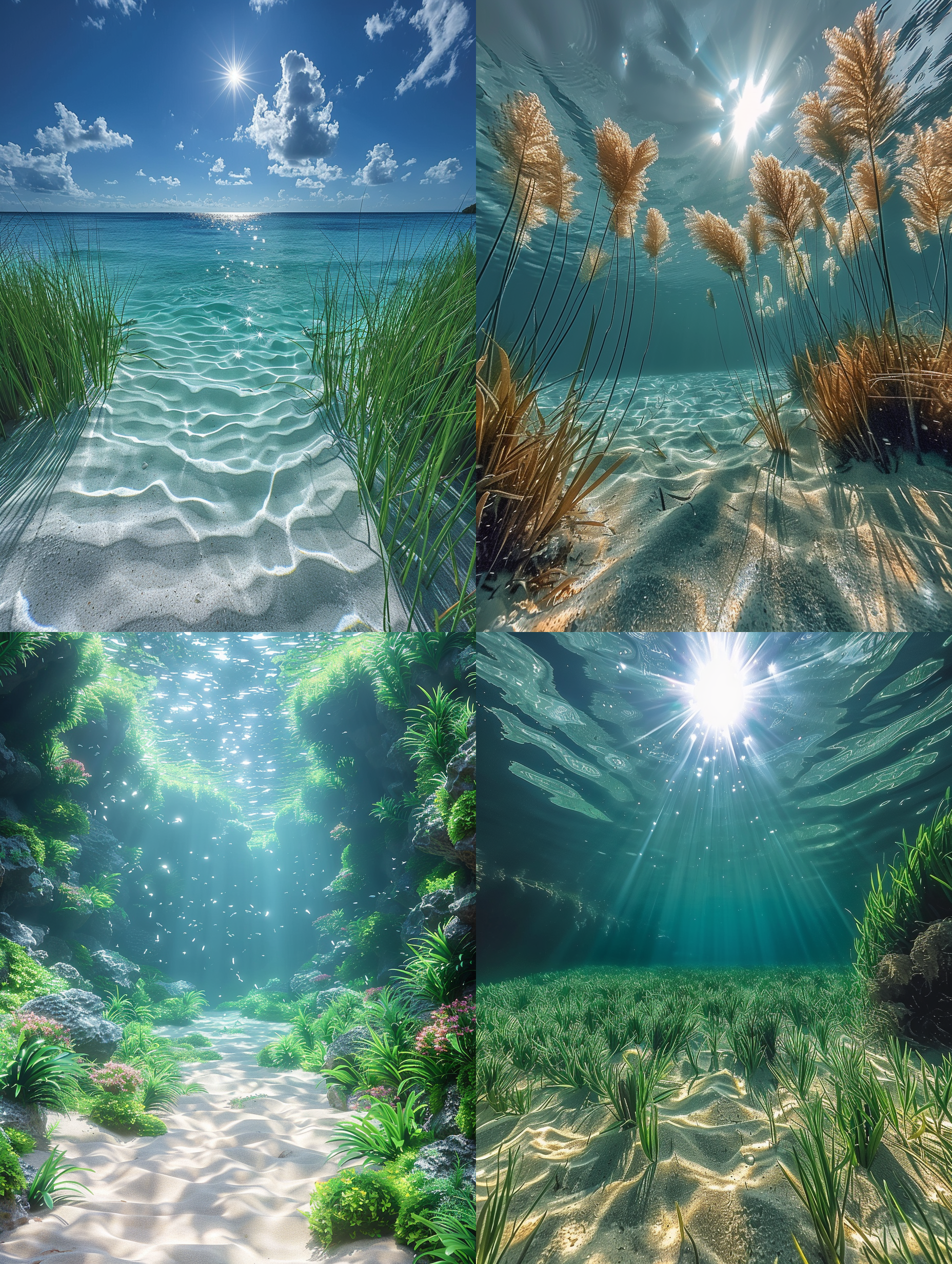 海洋小草，清澈的海水，飘摇的小草，阳光，沙地，高质量，精致细节，温暖唯美的