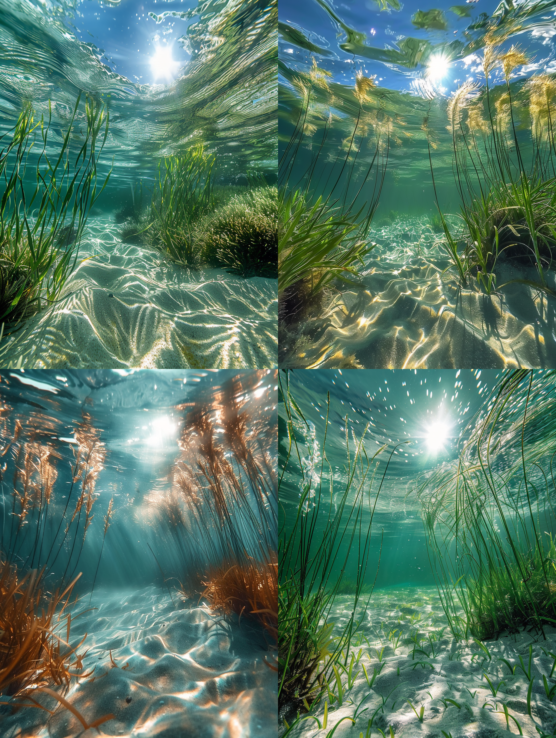 海洋小草，清澈的海水，飘摇的小草，阳光，沙地，高质量，精致细节，温暖唯美的