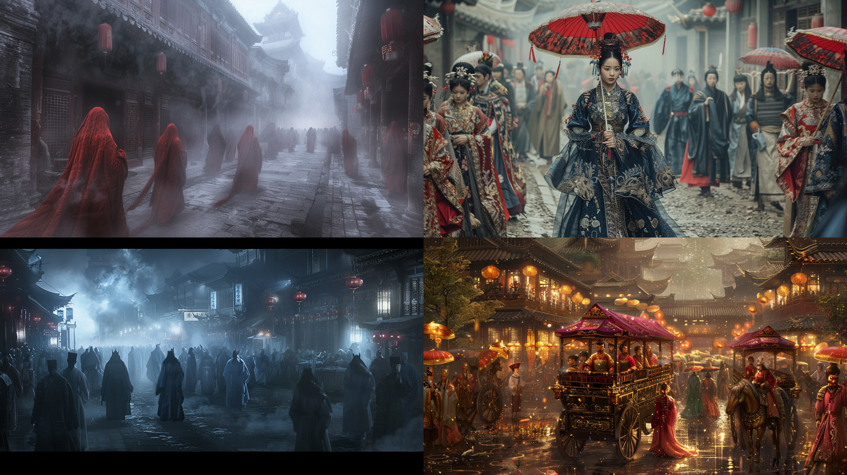 中国古代明朝迎接新娘的婚礼队伍，夜晚的古老街道，雾气弥漫，阴暗的环境、诡异的氛围、恐惧的感觉，鬼魅、唯美