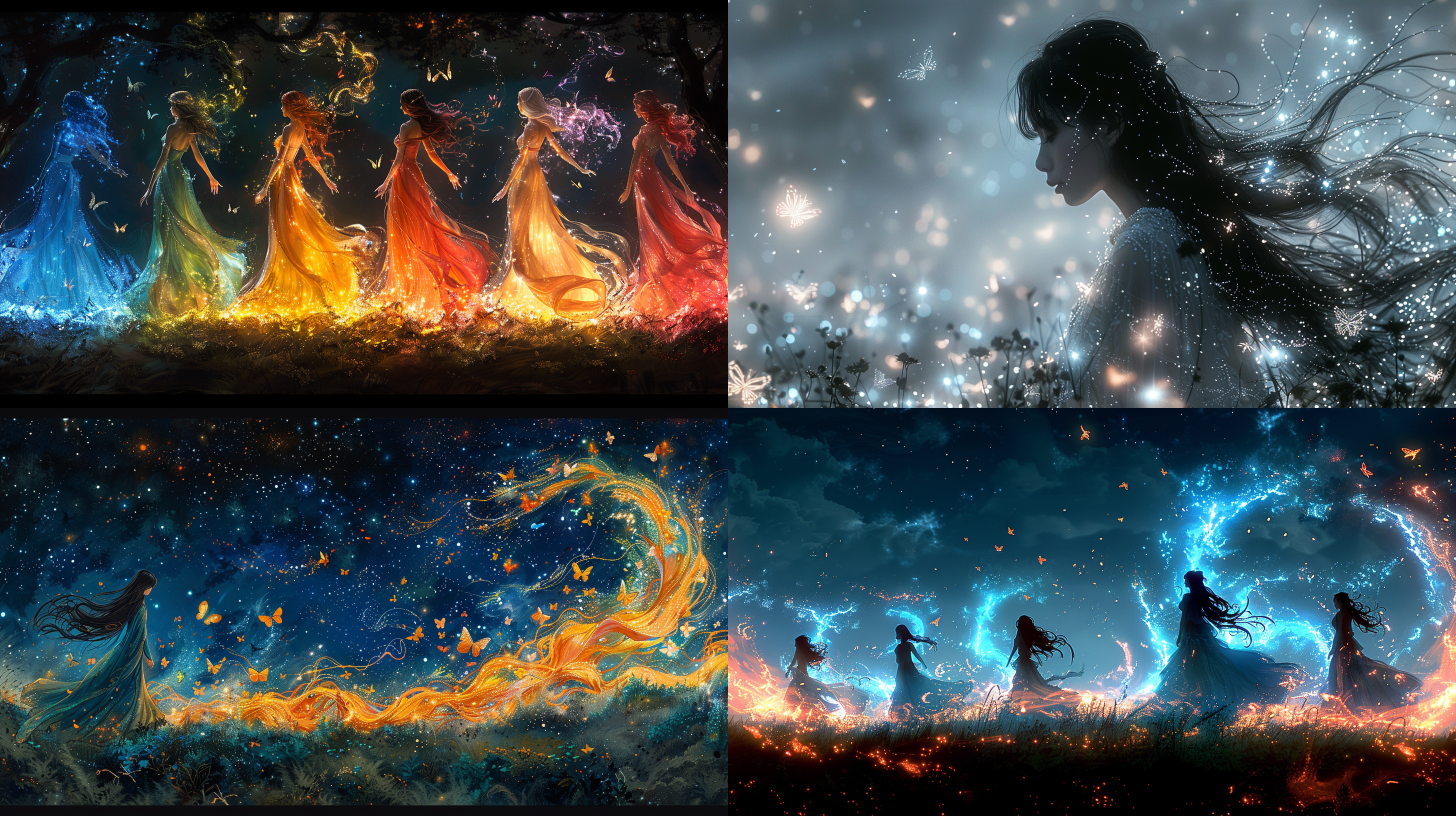 九条裟罗，飘逸头发，中胸，夜空，闪耀，蝴蝶，闪光星星.