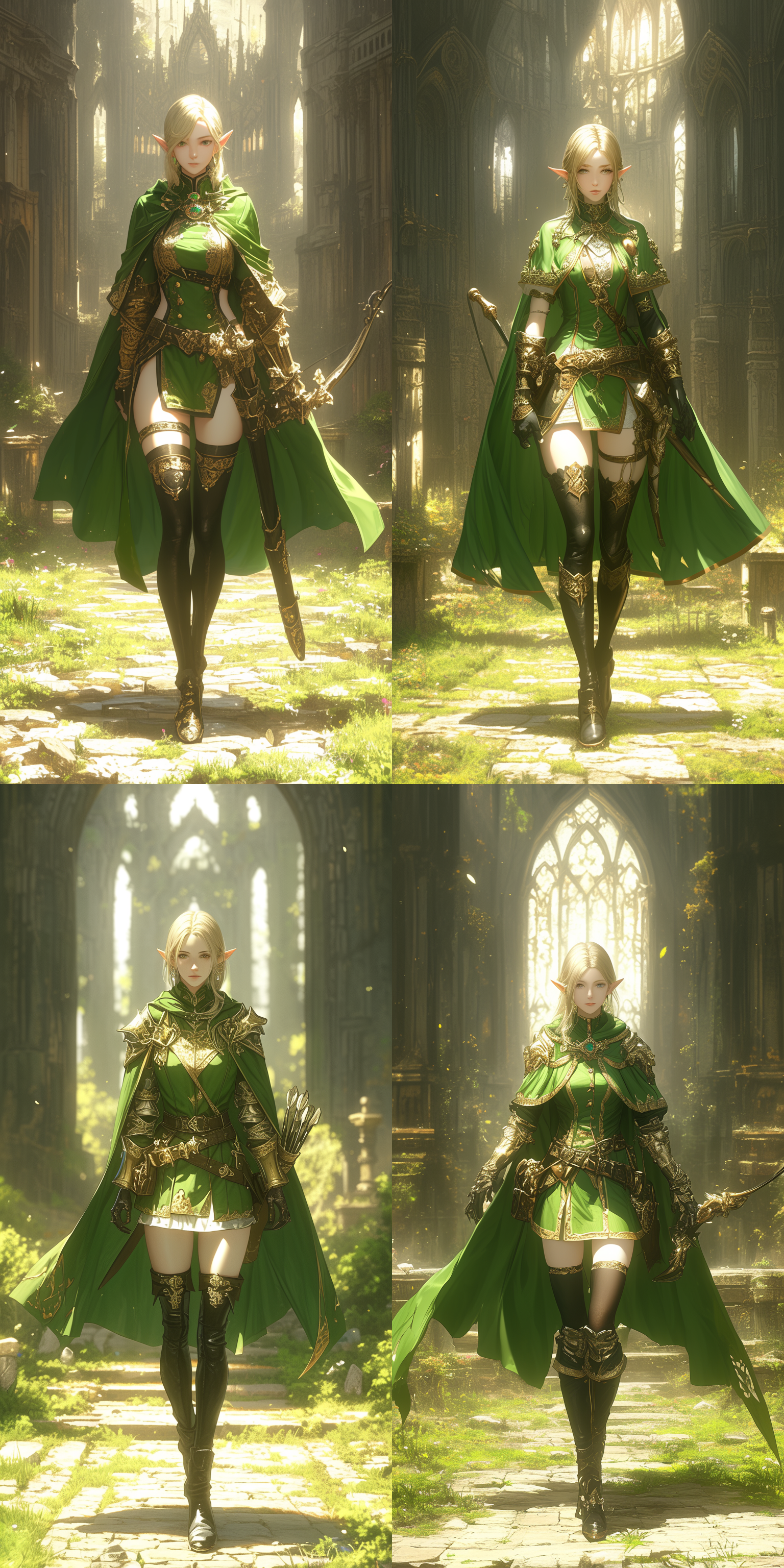 elf ，archer，棕色长发，宝石耳坠，绿色短披风，绿色外套，皮革护臂，皮革腰带，黑色长袜，黑色过膝长靴，6k，森林背景，奇幻