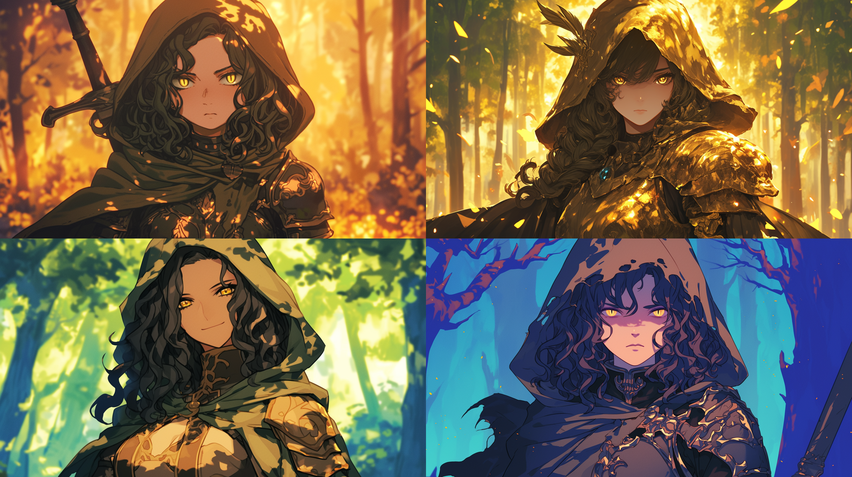 末路女骑士，森林背景，头戴褐色兜帽，黑色卷发，金色瞳孔