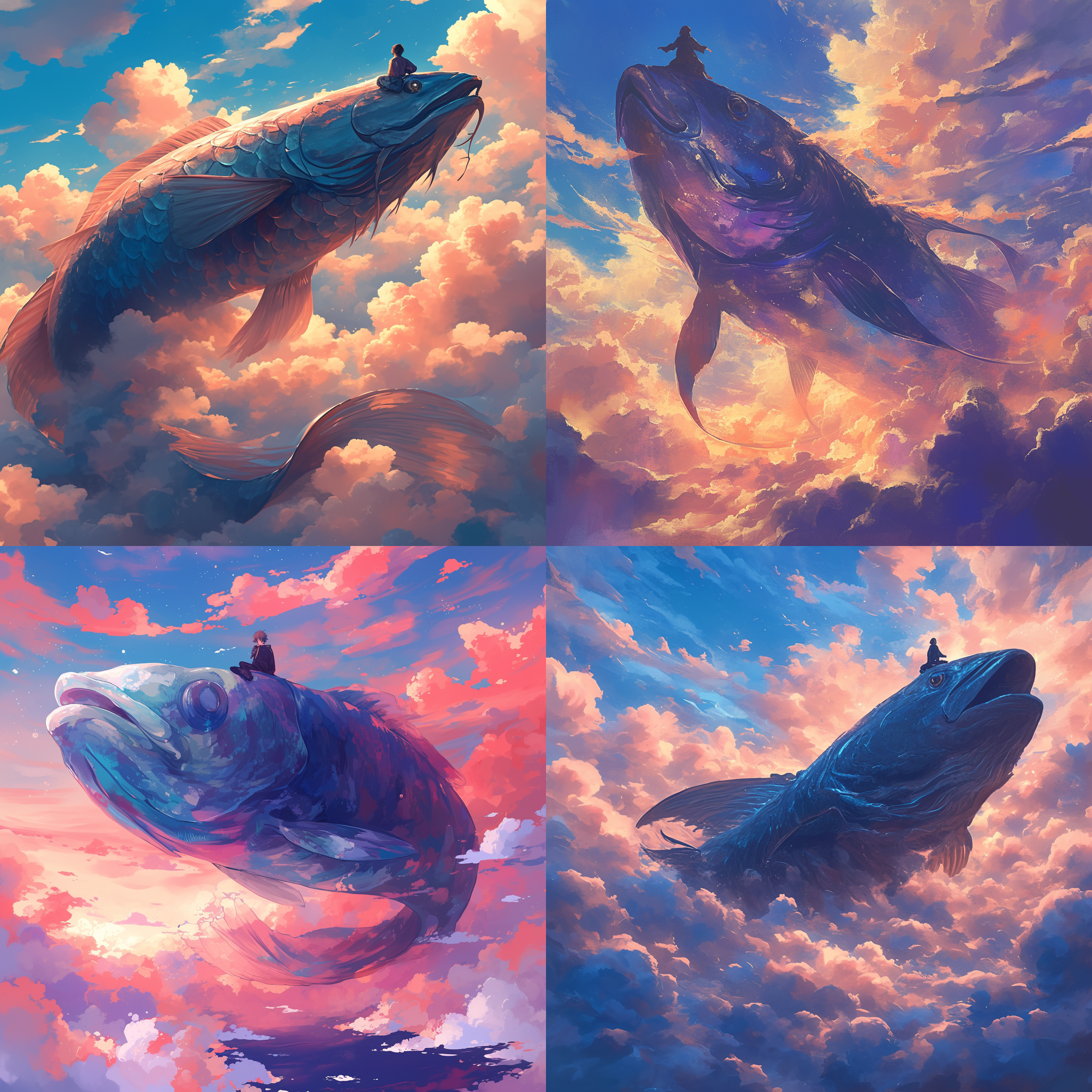 巨大鱼穿云，人坐鱼头，远距离广角拍摄，魔幻，云层环境，色彩鲜艳，梦幻光影，飘逸动作，神秘情感。