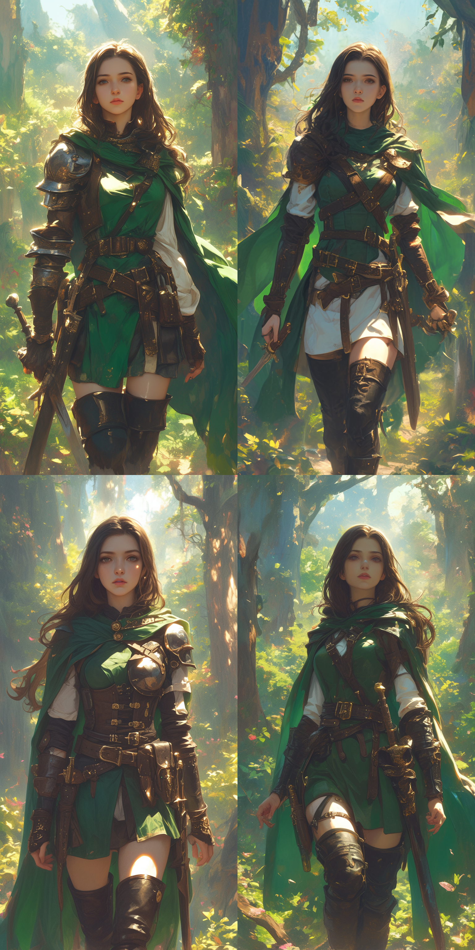 young women，棕色头发，绿色短披风，leather chest armor, black arm guards，黑色过膝长靴，奇幻，6k，温带雨林背景