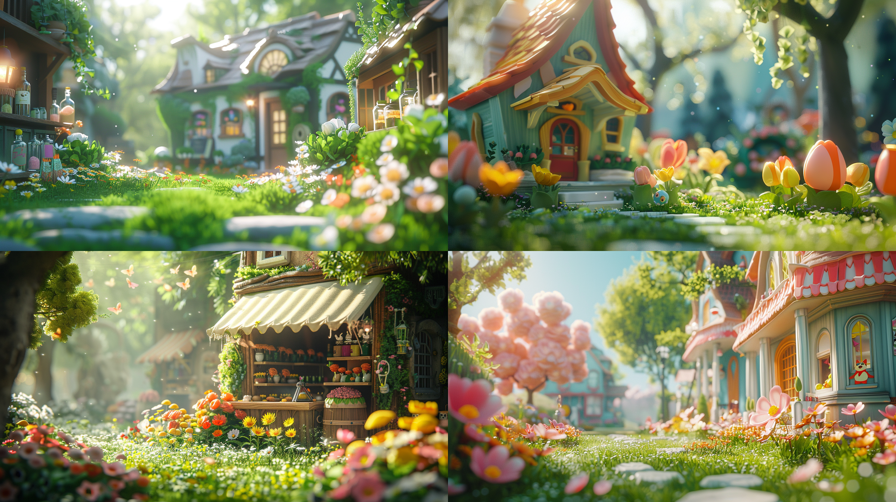 advertising on green grass using the wizard's shop , with wizard's products in the shop, in the small shop, cute cartoon design, dreamy visual effects, soft sculptures, webcam, bright colors, bold shapes, flowers, capturing moments, delicate luster, 3d, sunny, bright colors, bold color matching, ultra-high quality, blurry front