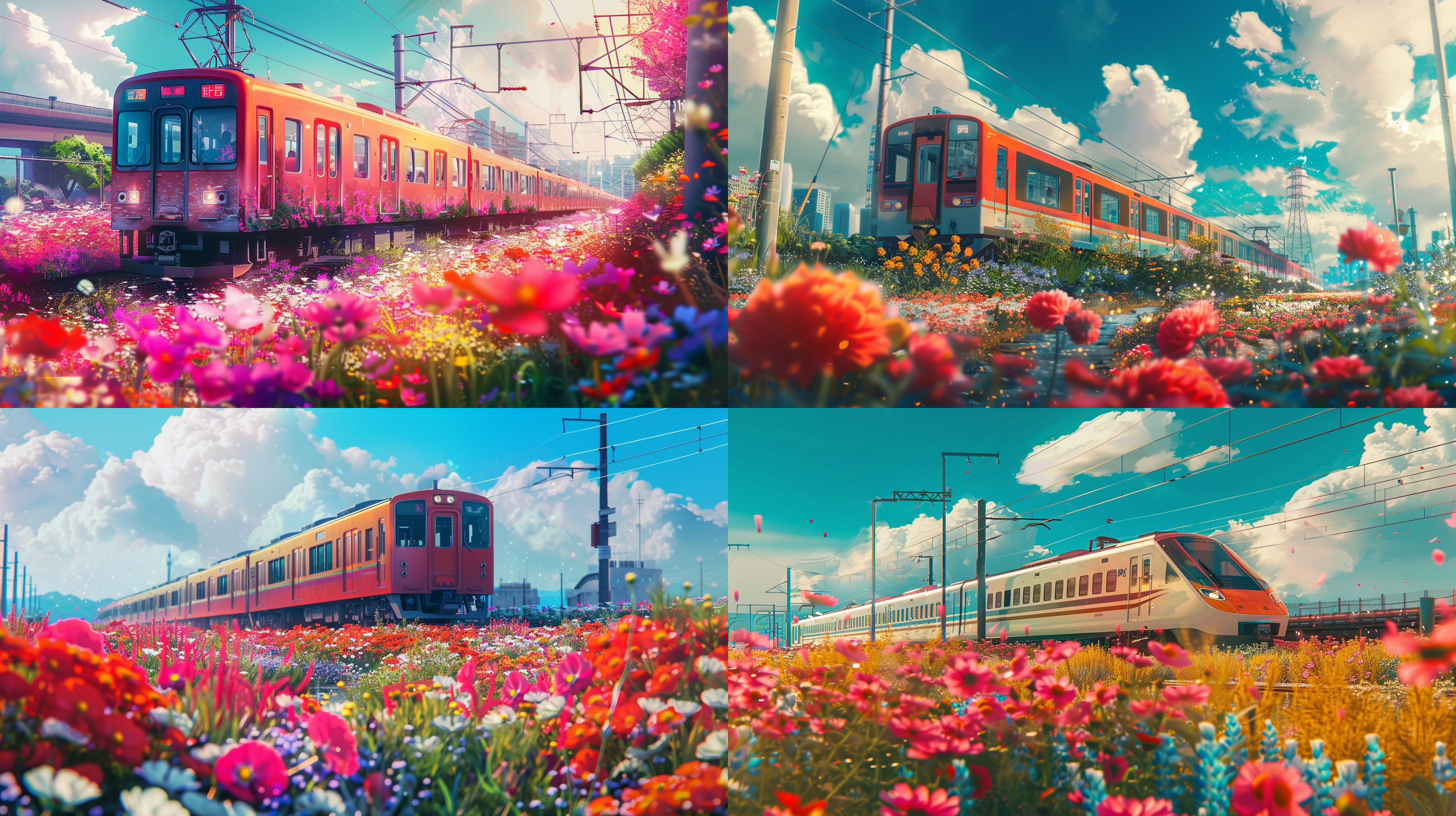 anime-inspired art, depicting a train traversing through a field of vibrant flowers, with an urban-inspired backdrop. the scene is reminiscent of romantic riverscapes, featuring vivid colorschemes dominated by light red and cyan hues. captured in stunning 8k resolution, the imagery exudes a sense of cuteness and colorful charm. the train's design is sleek and modern, blending seamlessly with the whimsical landscape. the flowers sway gently in the wind as the train glides through, creating a dynamic and lively atmosphere. overall, the artwork captures the essence of anime aesthetics while incorporating elements of urban romance and natural beauty.