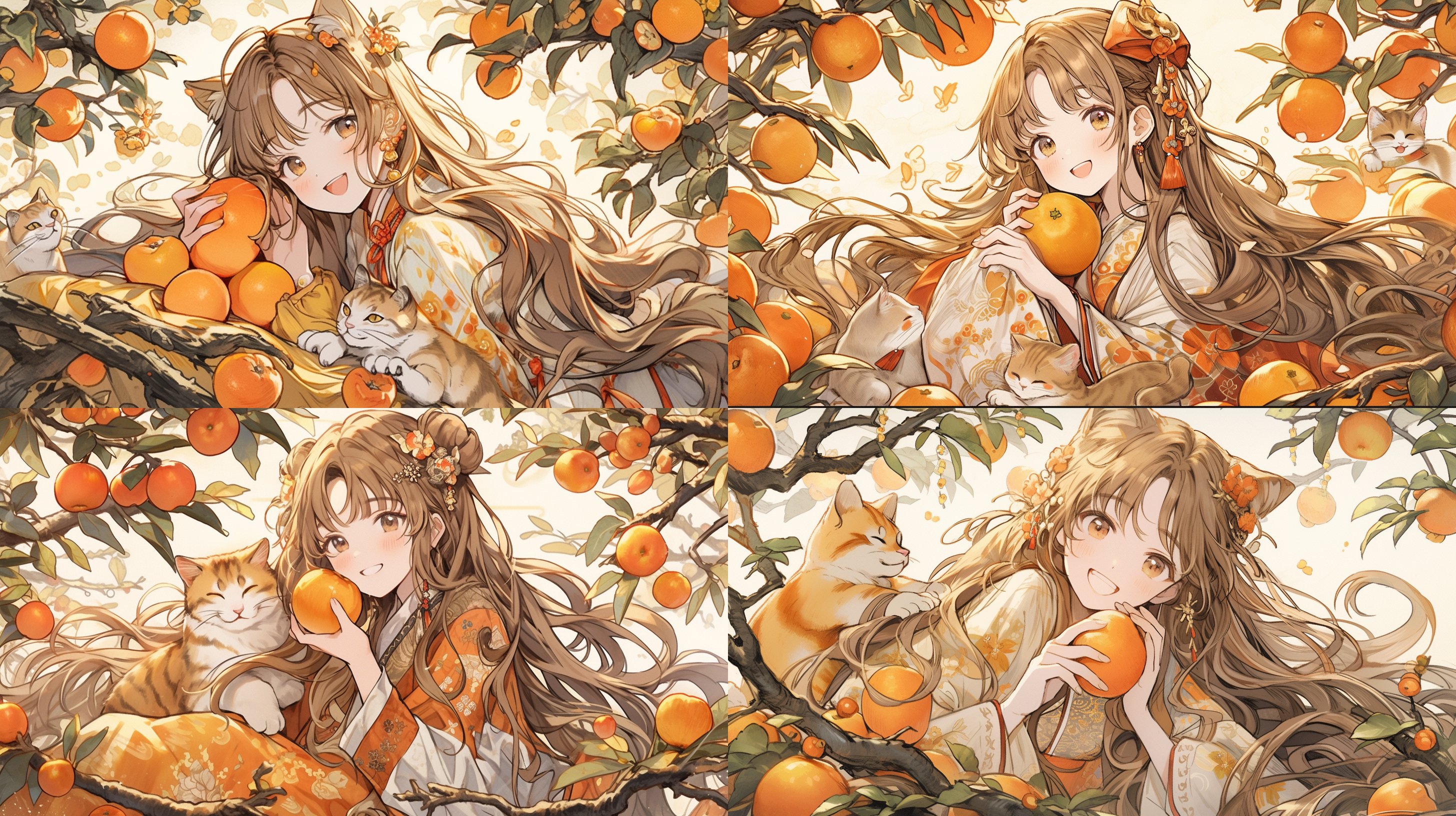 中国小女孩，石榴树下，手持橘毛猫，国潮风插画，明代古城门，暖色调，低角度，35mm定焦，背光，微笑，温馨。