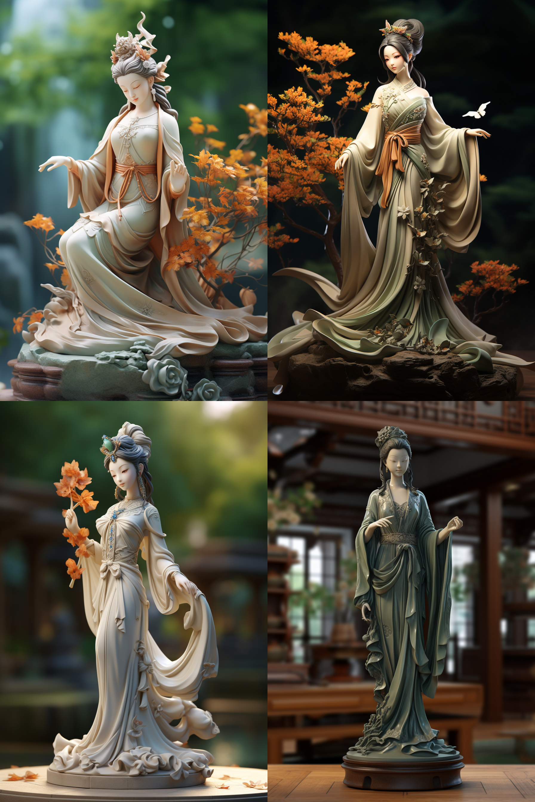 中国唐三彩雕像，古风美女，脸部干净，柔和光线，微笑，身穿汉服，光线明亮，传统服饰，端庄，宁静，亲切，c4d渲染，oc效果，高清，8k 三维 干净背景 虚化 三维 虚化 唐三彩