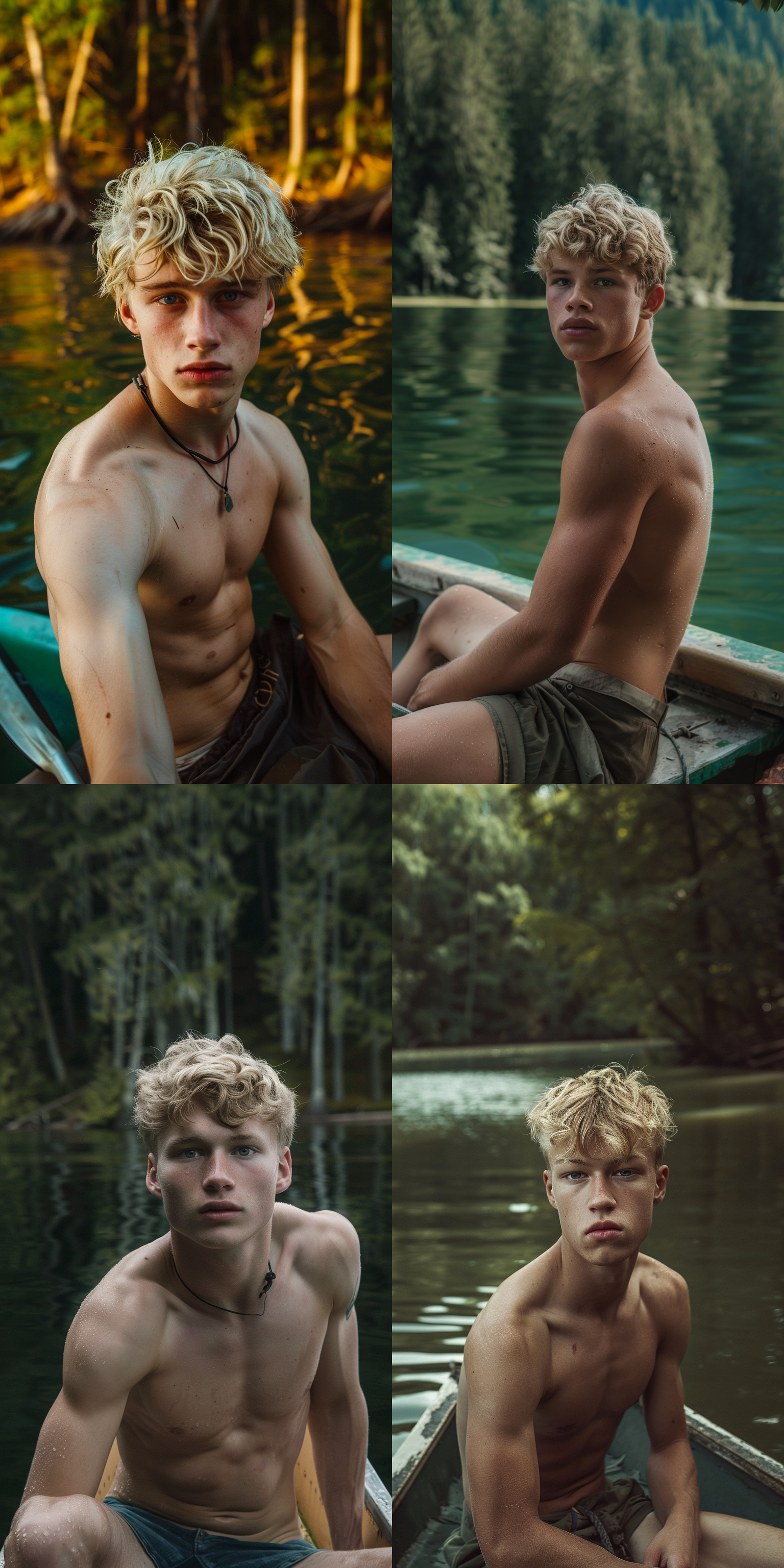 金发蓝眼北美洲男孩，20岁左右，白皙肤色，对称肌肉，阴鸷眼神，8k画质，写实风格，户外场景，大森林，船上坐着，碧绿湖水，摄影质感，疯狂细节，紧凑镜头，静态，优美，面部表情。船上,户外,8k,写实风格,肌肉,摄影质感,静态,面部表情,大森林,紧凑镜头,疯狂细节