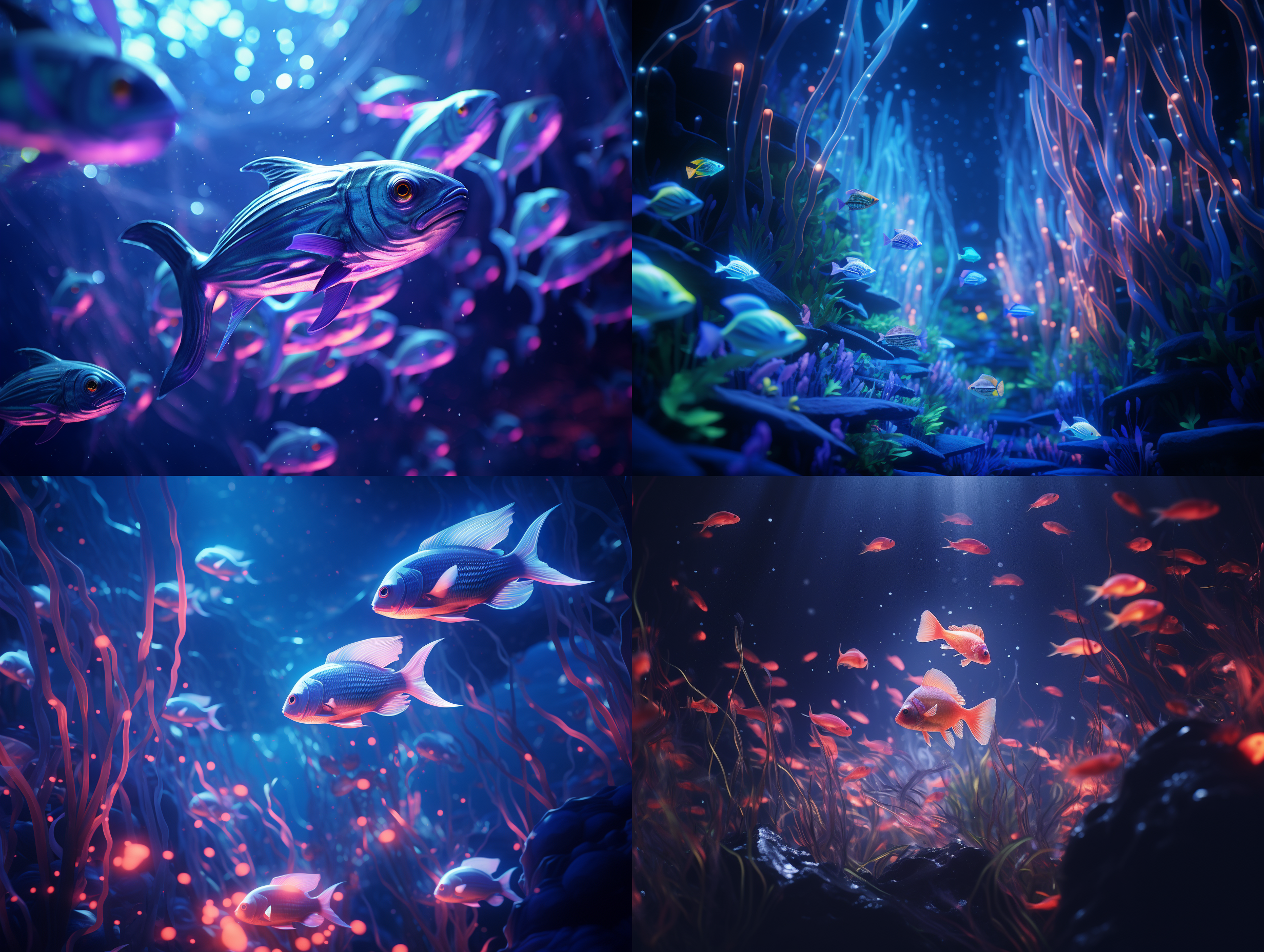 海底鱼群，色彩缤纷，发光植物，蓝色斑点，荧光，梦幻细节，冷艳光线，octane渲染，电影感，8k，超高清，16mm视角。