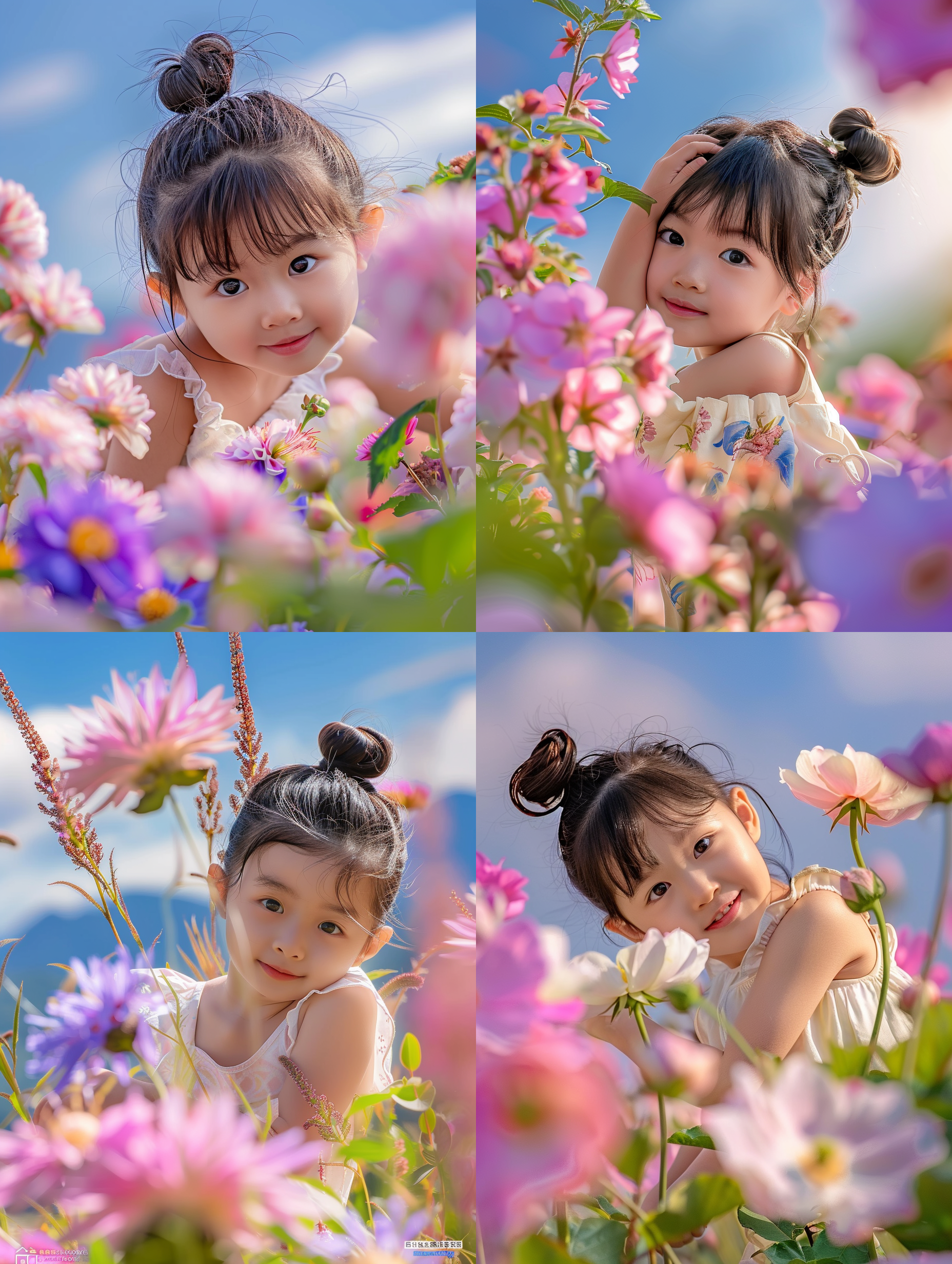 7岁中国女孩微笑，丸子头，正视图，全身照，坐花朵上。浅蓝天空，淡粉色主题，白连衣裙，风，电影灯光，电影场景，幻想引擎，富士相机，超细节，超现实，快乐。