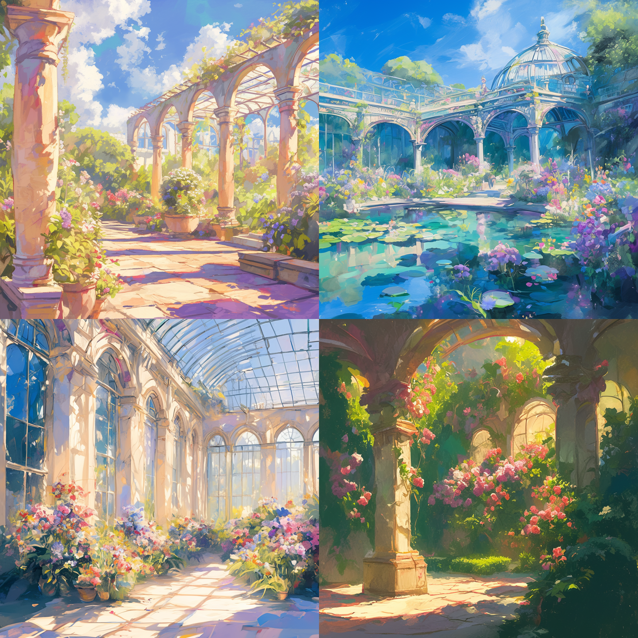植物园，油画笔刷，彩色花朵，复古建筑，细节丰富，风景摄影，明亮光线，自然元素，鲜艳色彩，和谐，宁静。