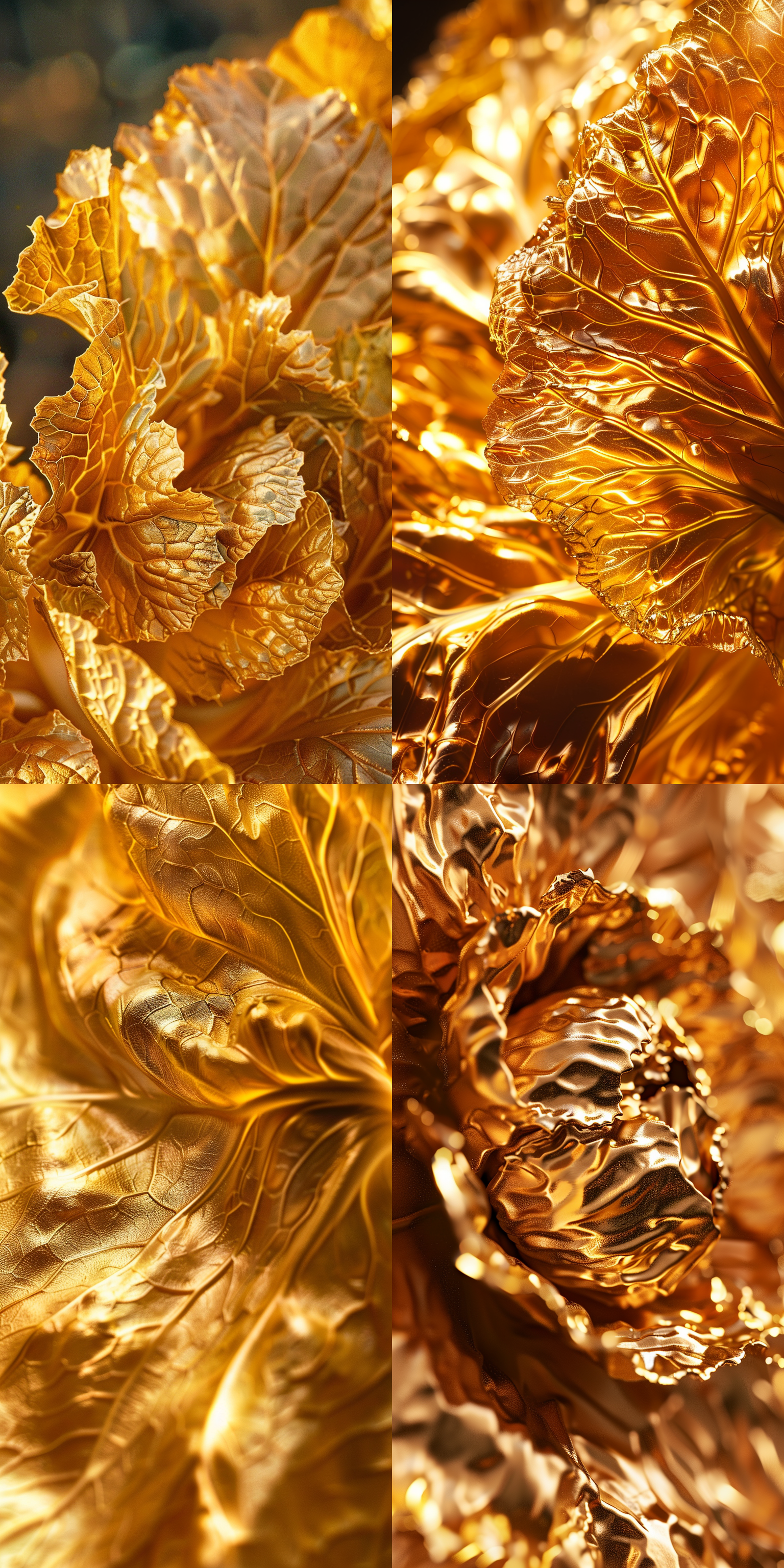 金黄色白菜，金属材质，对角线布局，微距摄影，细节清晰，金色光影，高饱和度，光斑效果，静态，华丽。