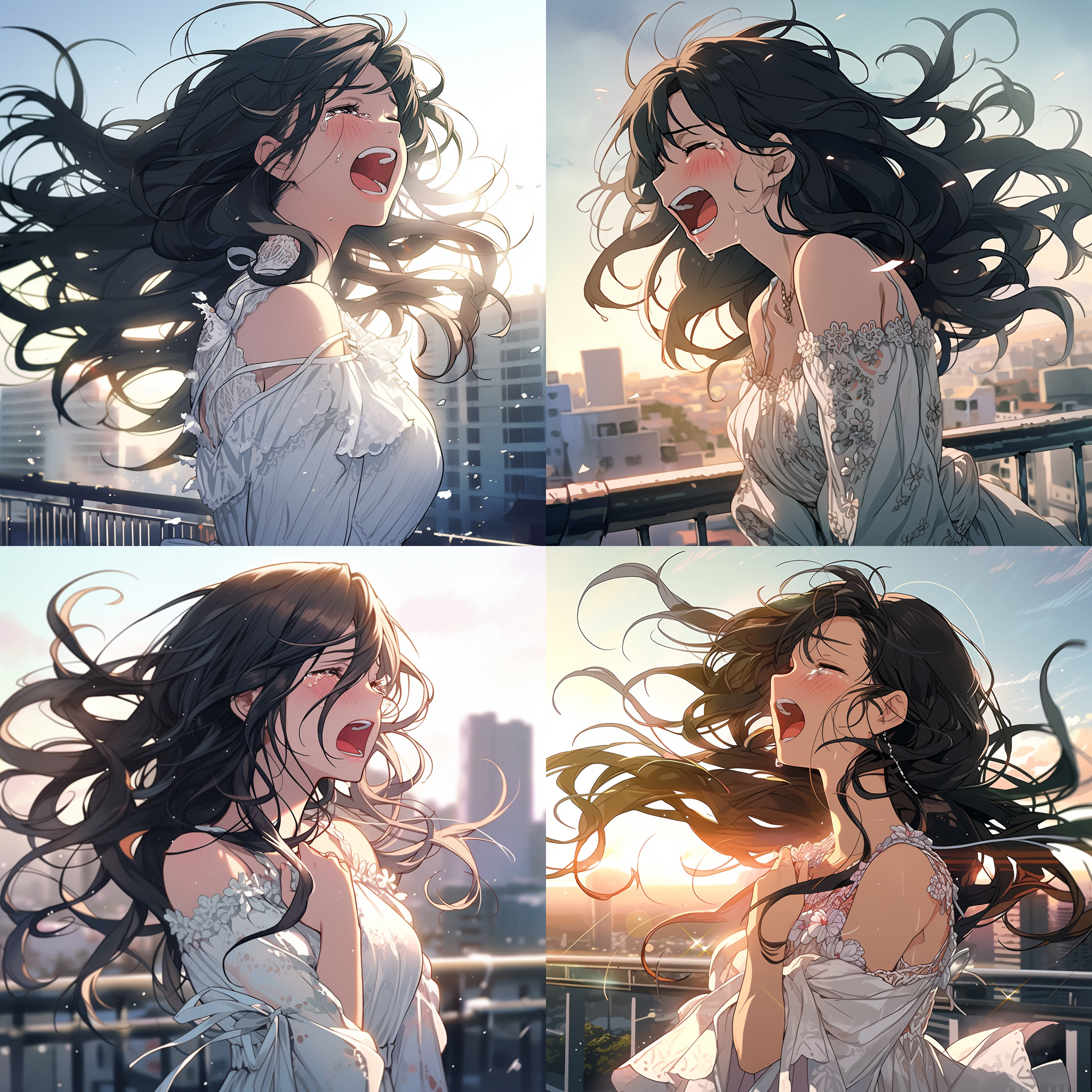 一个20岁漂亮女生，黑色波浪长发，白丝蕾丝连衣裙，站在大厦天台上，看向前方，委屈，哭泣，眼泪，崩溃