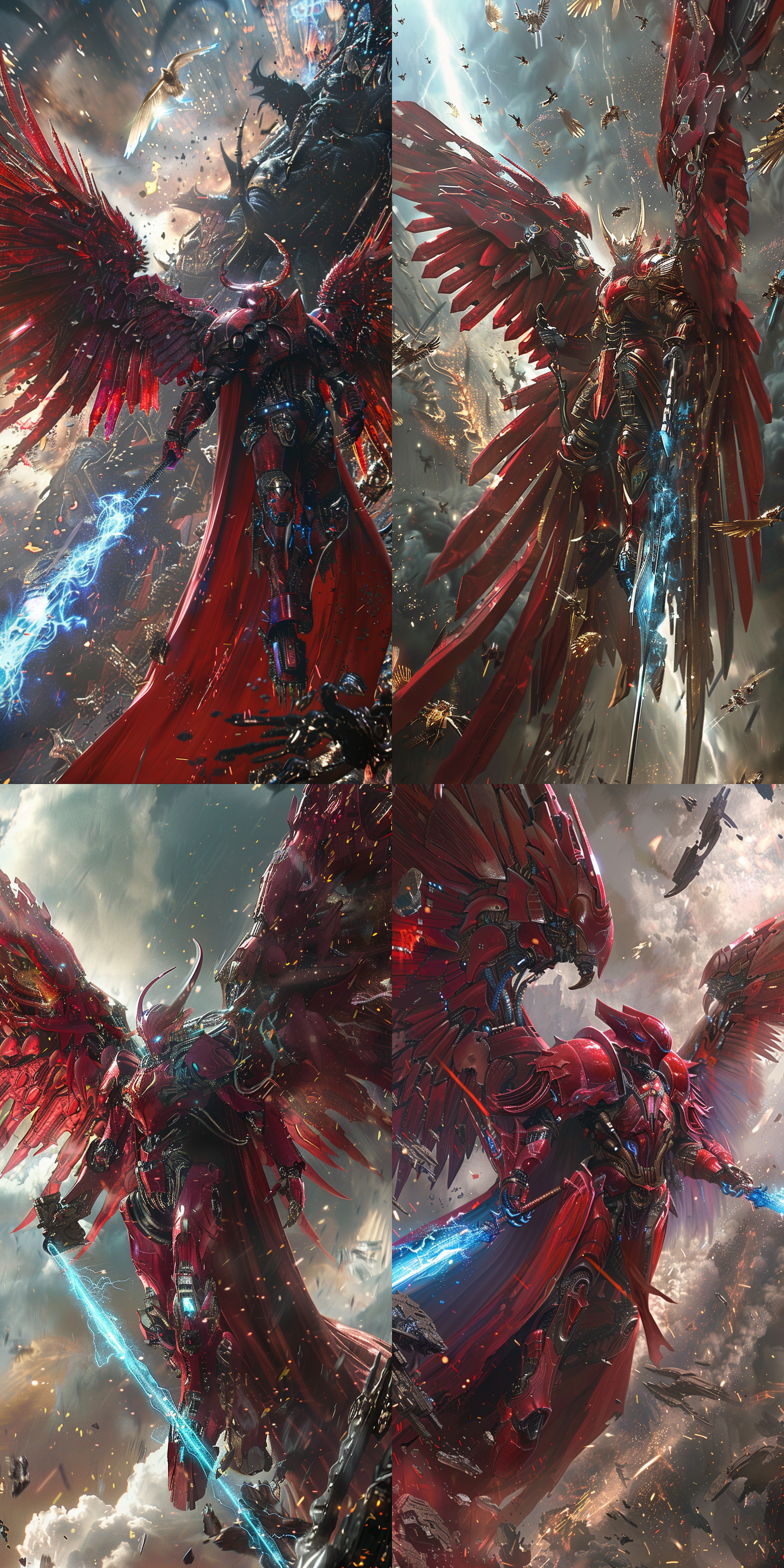 机甲战士，红色铠甲，天空飞翔，巨大机翼，蓝色火焰，战斗动作，高光反射，宽角镜头，动感构图，动态光影，战争色调，紧张充满活力。