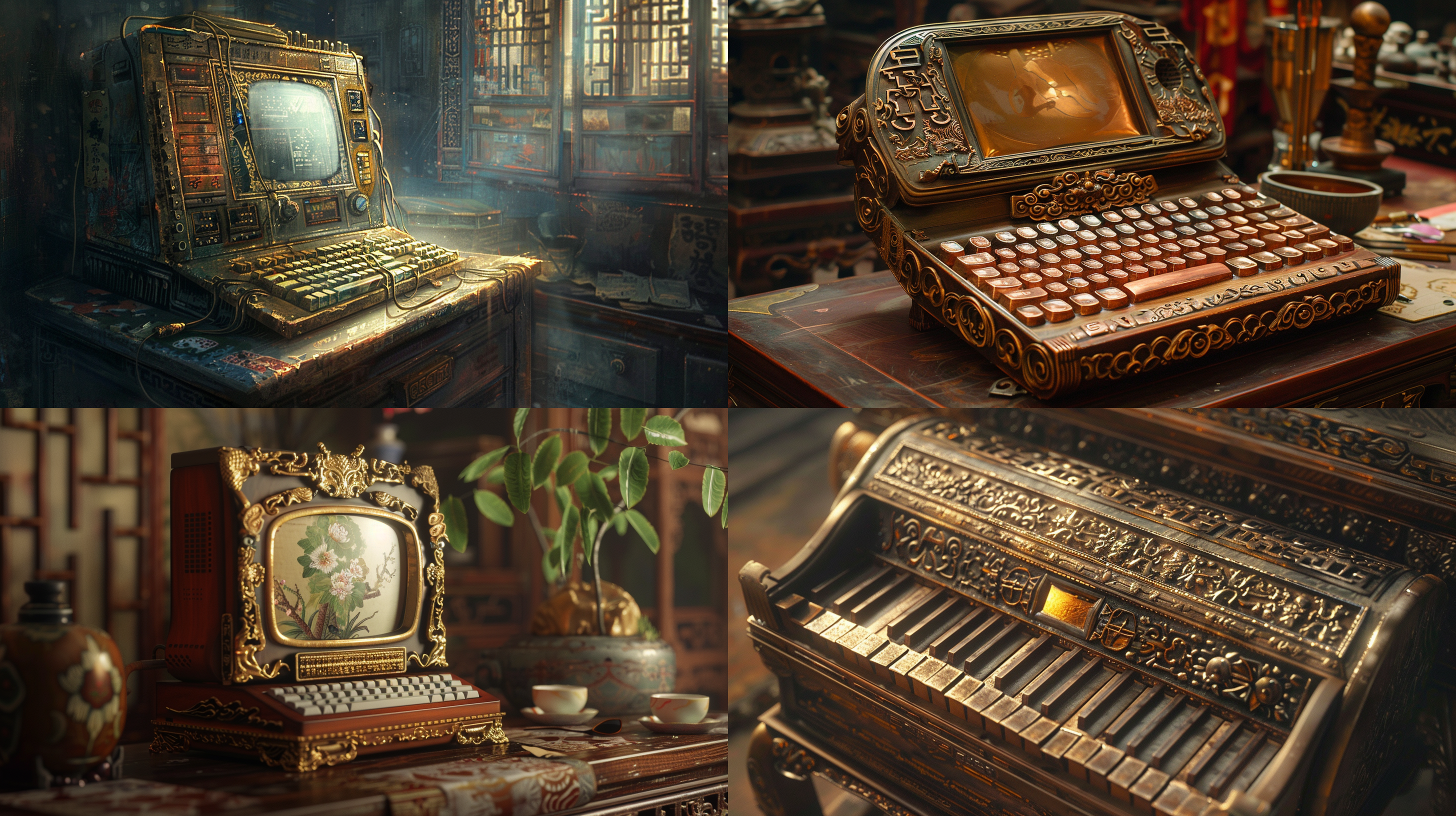 唐朝人用木质键盘和铜镜制作的一体电脑，古代装饰风格，华丽金属质感，古老设计，暗室内，暖色调，细节特写，静态，神秘。