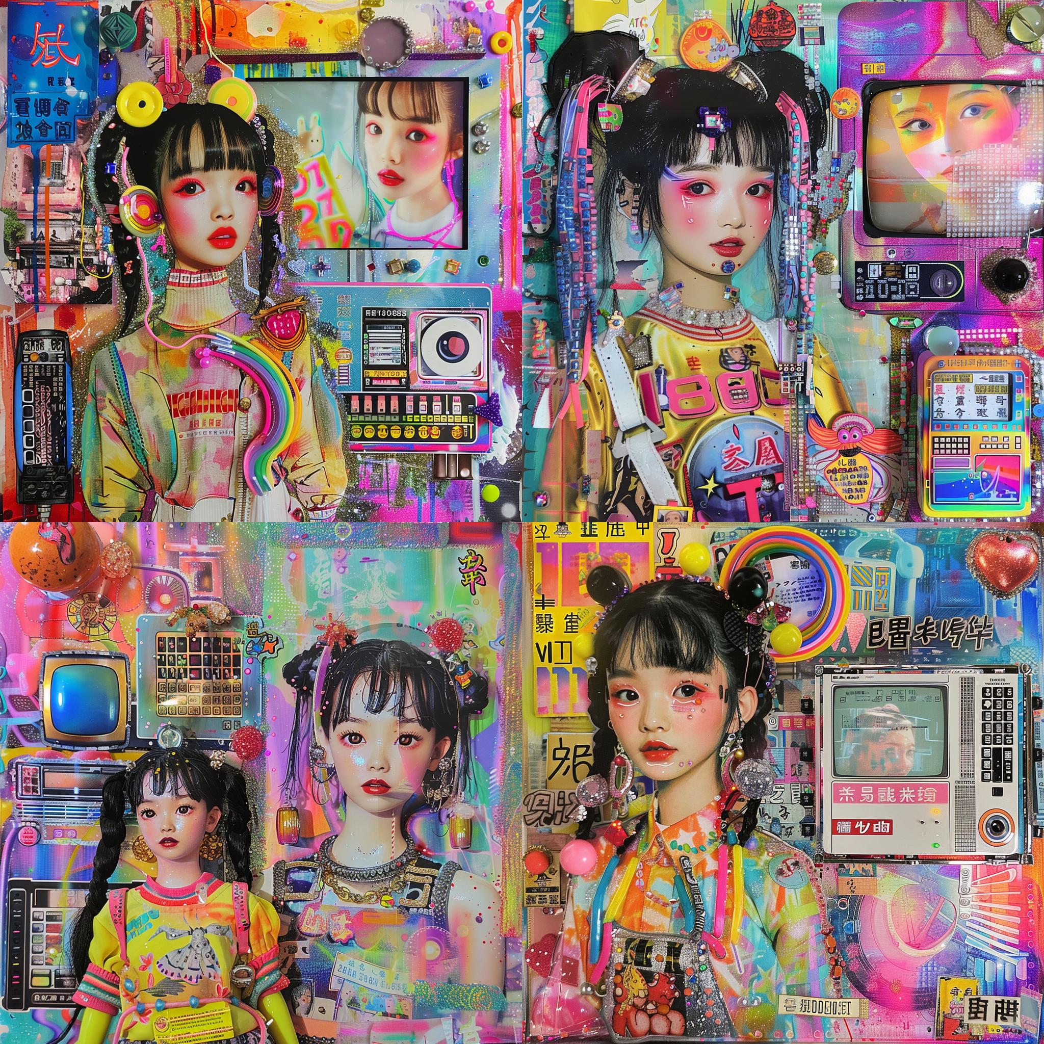 中国少女，2000年代y2k风格，拼贴艺术，科技元素，荷尔蒙情绪盘，高饱和度，pvc,水钻，芭比娃娃