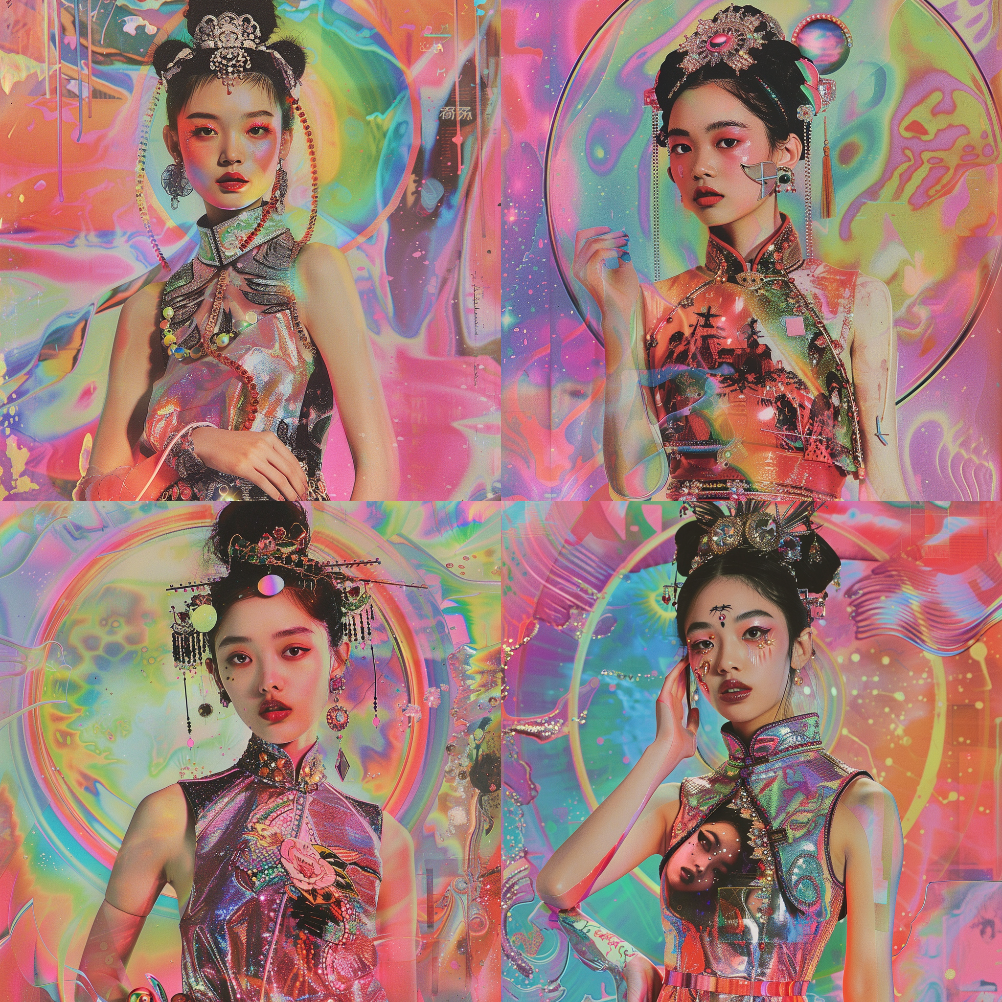 中国少女，2000年代y2k风格，拼贴艺术，科技元素，荷尔蒙情绪盘，高饱和度，pvc,水钻，芭比娃娃