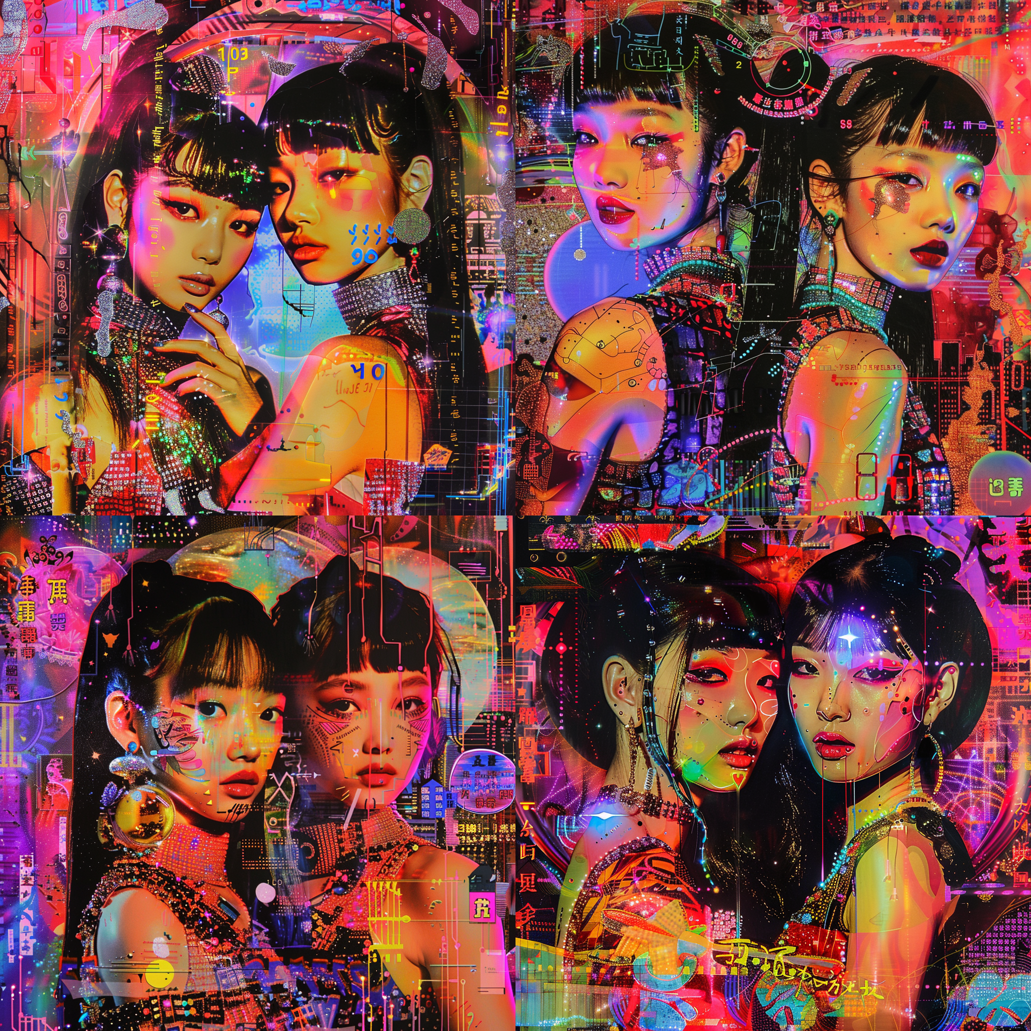 中国少女，2000年代y2k风格，拼贴艺术，科技元素，荷尔蒙情绪盘，高饱和度，pvc,水钻，芭比娃娃