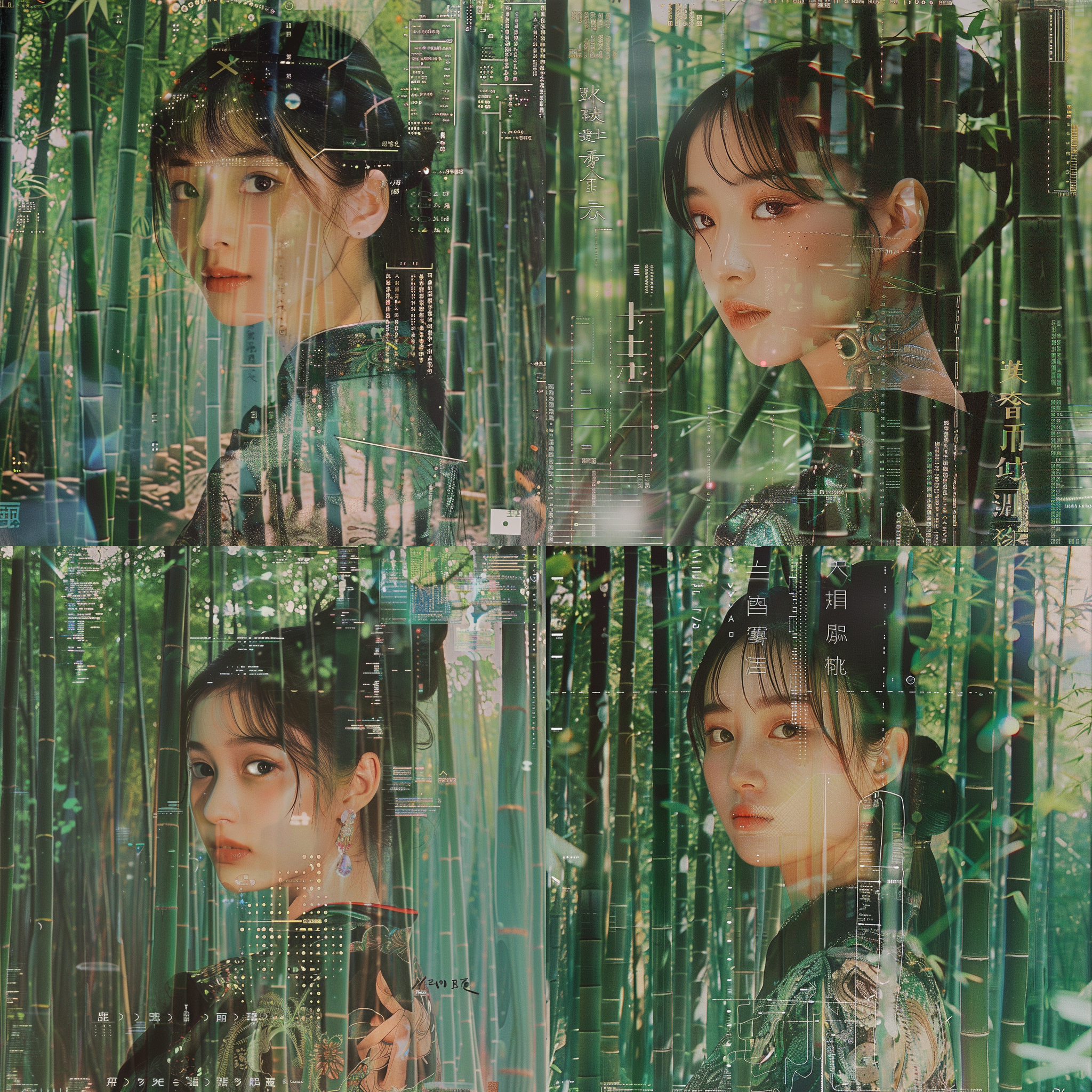 中国少女，2000年代y2k风格，拼贴艺术，科技元素，荷尔蒙情绪盘，高饱和度，pvc,水钻，国风，竹林