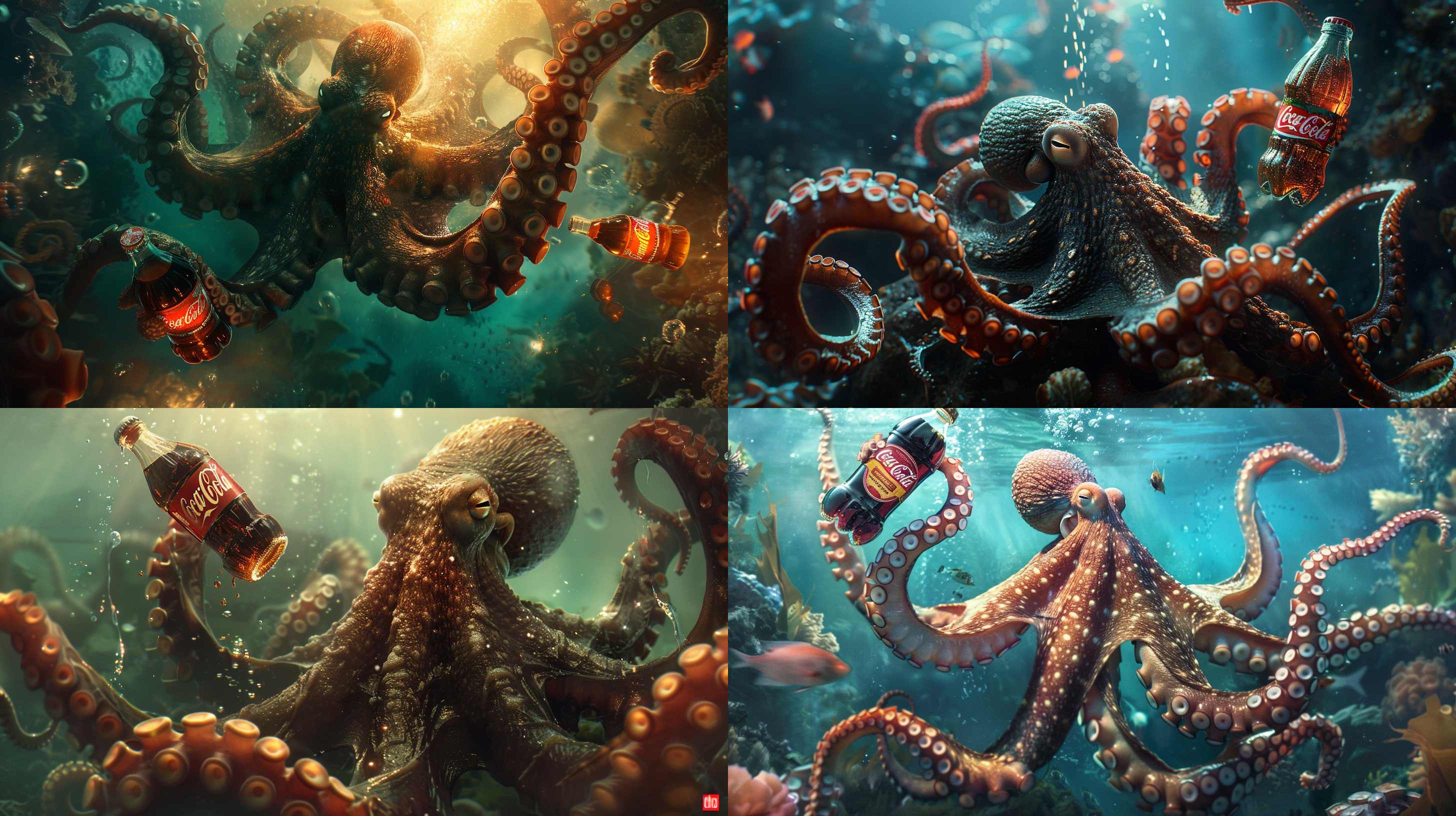 大海里一只巨大的章鱼，章鱼身上发着光手里拿着一瓶可乐，广角镜头，奇妙的光线