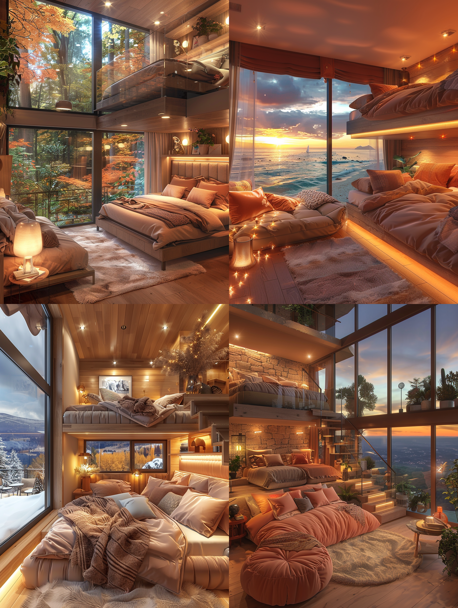 根据描述画一个房间：房间里有两张床，安排成上下铺的设计，每层床都装饰得非常唯美和华丽，散发出温馨而奢华的气息。卧室的特色在于它的三面墙几乎完全由超大的落地窗构成，这些窗户扩展了房间的视野，使得外面的景色成为室内不可或缺的一部分。无论是白天还是夜晚，这些全景式的落地窗都提供了一种独特的宁静和豪华感，让整个空间显得更加开阔和豪华。最高画质，最佳杰作，高分辨率，复杂的细节，非常详细，超逼真，颜色丰富