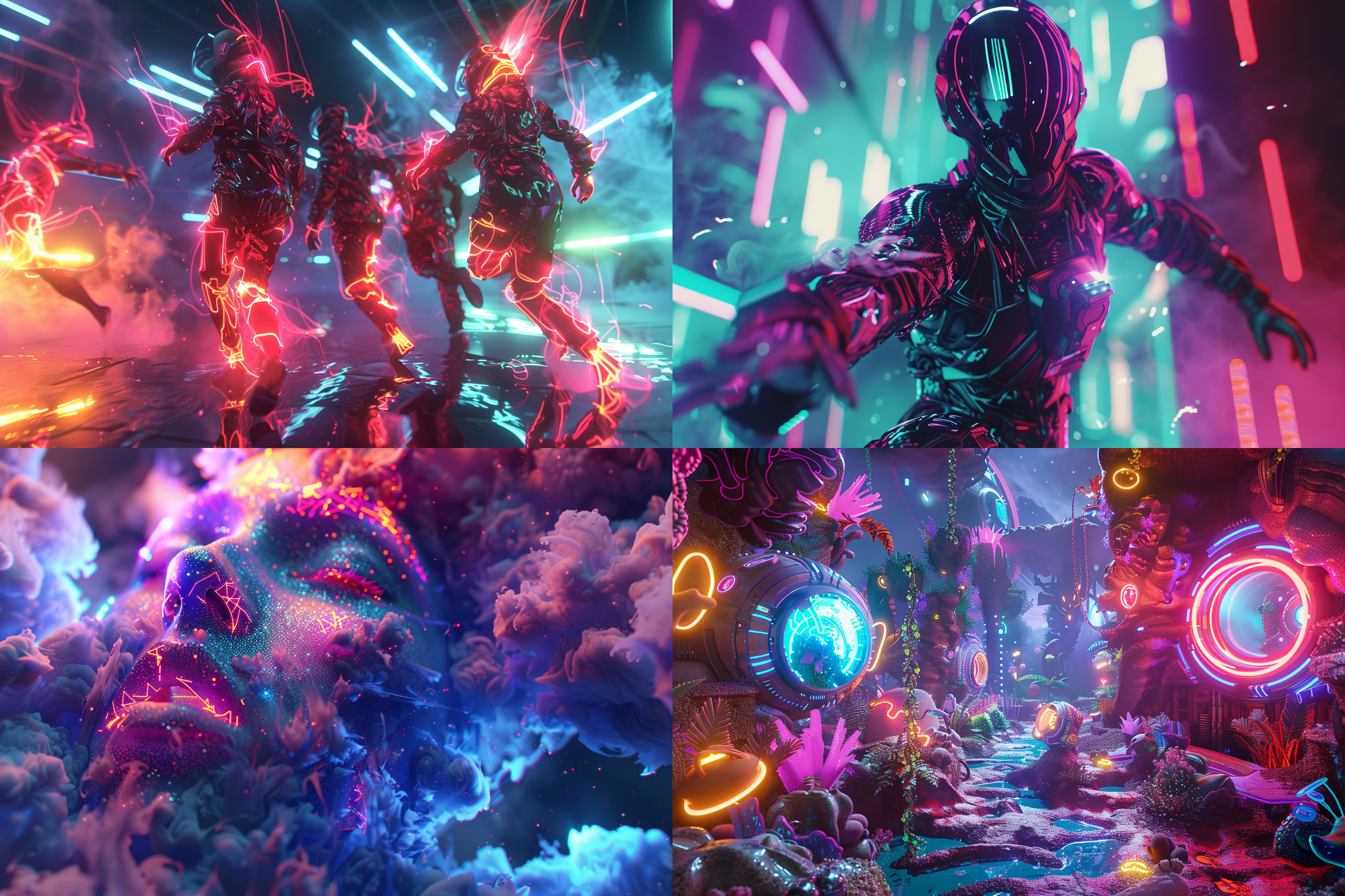 maxon cinema 4d, 色彩丰富的角色在充满活力的环境中，动态场景和相机移动，霓虹风格的灯光效果，科幻和奇幻元素