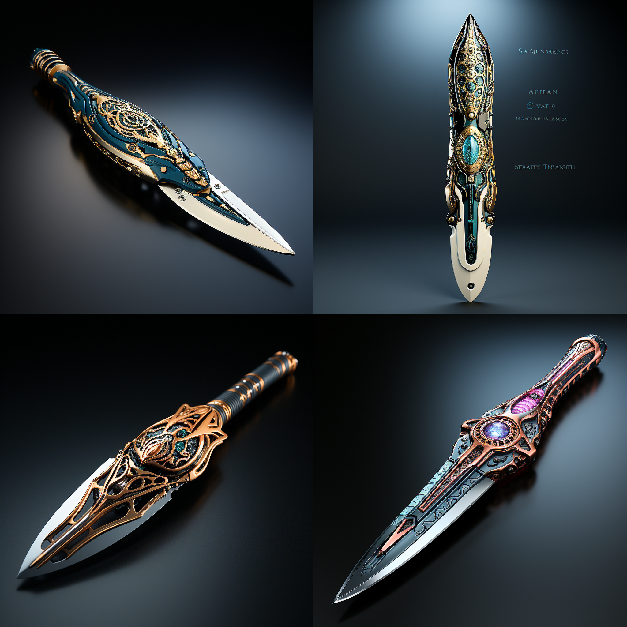 未来主义时尚风格长剑，整体雕刻花纹，高亮不锈钢剑身，半球形护手，陶瓷把手。扎哈风格机甲刀鞘放在旁边。高饱和度，中心构图，长焦镜头，侧逆光细节纹理。明亮色调