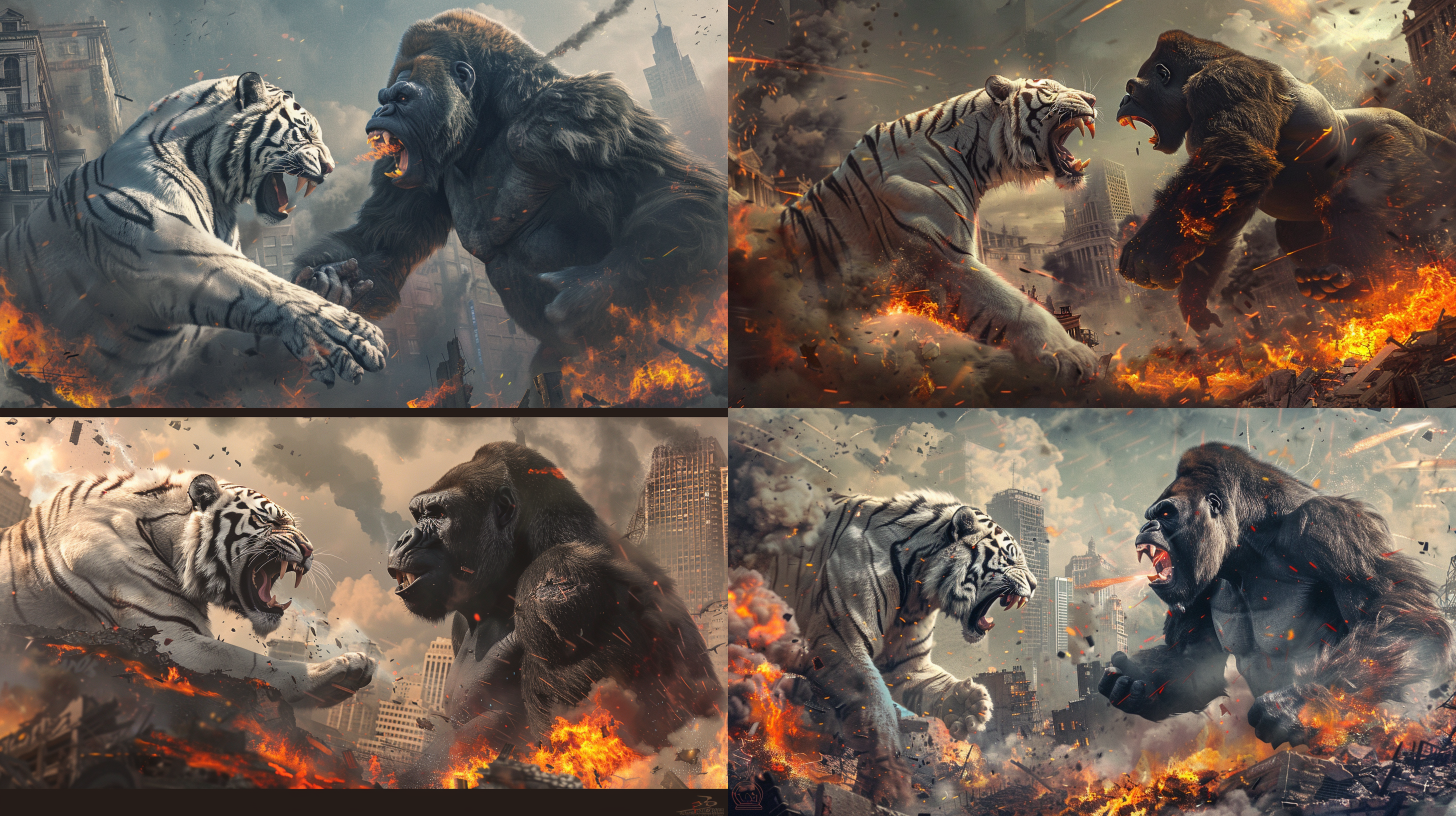 a giant white tiger, and a giant black gorilla are fighting in the middle of the city, the two giants are fighting each other, their mouths are open and snarling, their skin is in flames and white smoke is coming out of their bodies, standing over the city, with flames and smoke underneath their feet and all around them, next to the ruins and shattered buildings, photorealistic, photography, realistic, photorealistic quality, surrealistic details, ultra hd, pixel-perfect, high definition, 8k