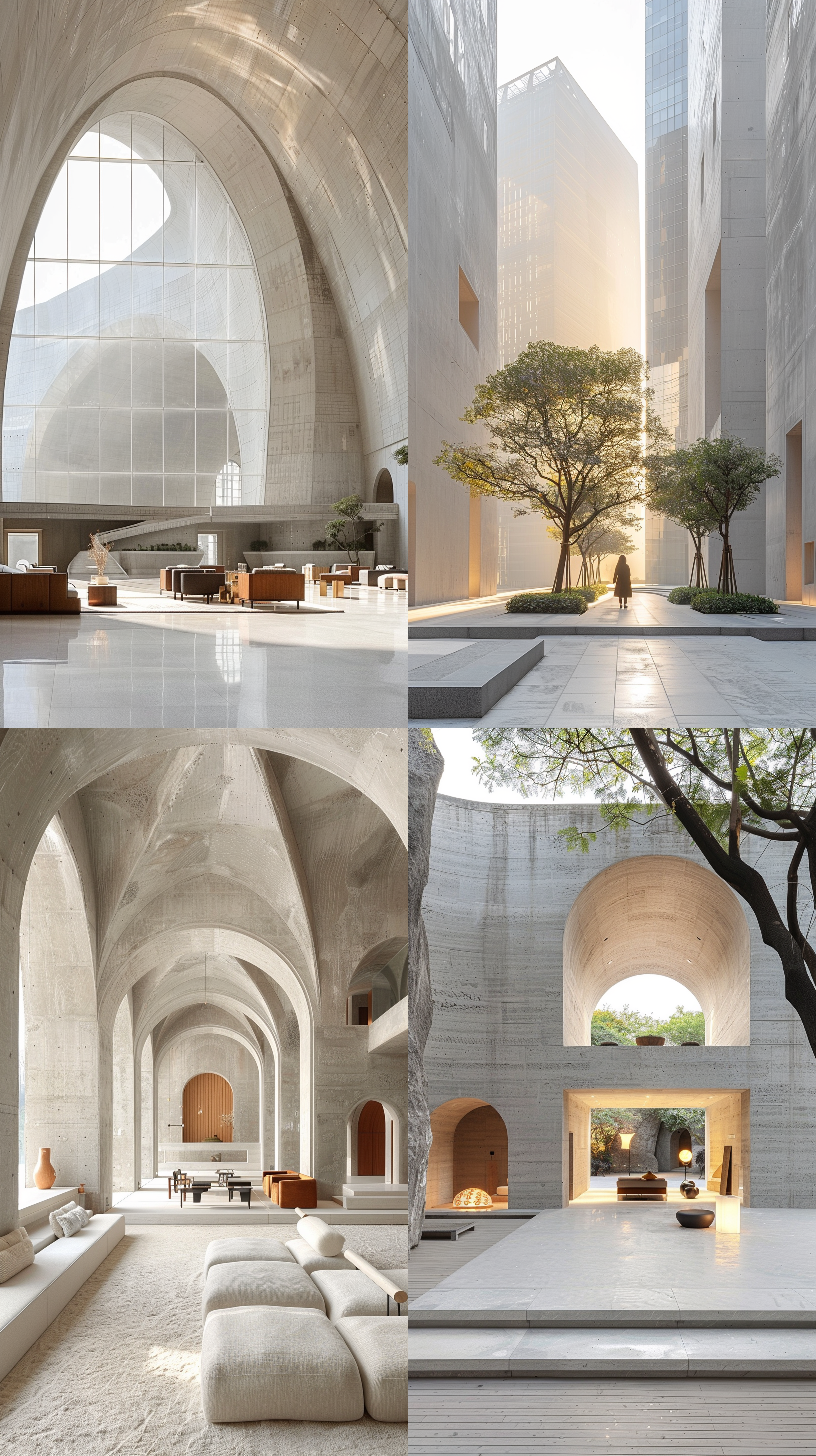 极简艺术，艺术馆内部，天光透进，建筑线条，光影美学，白色暖色调，灯光照射，大气简约，优美构图，现代风格，抽象情感。