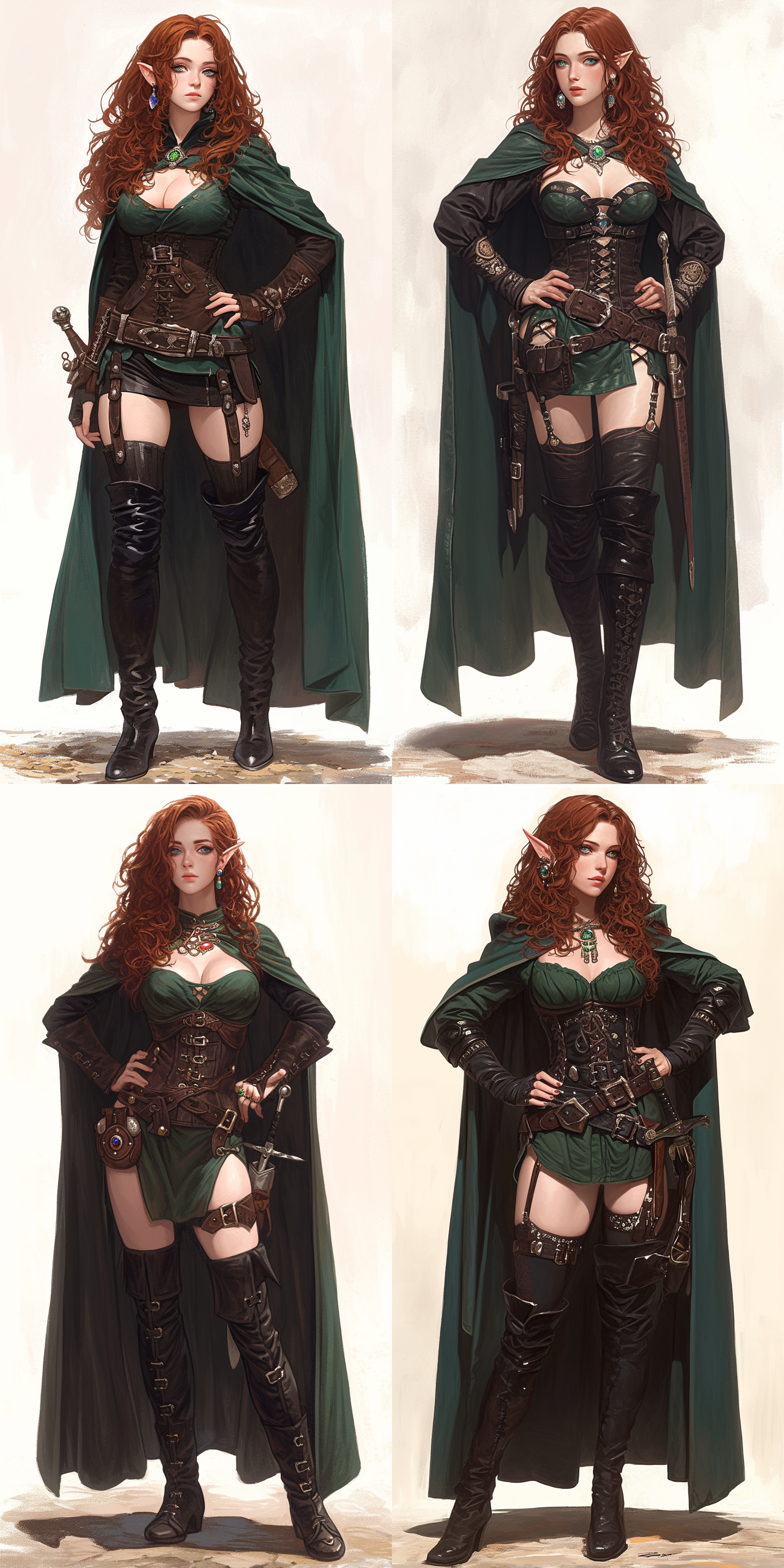 elf ，archer，棕色长发，宝石耳坠，绿色短披风，绿色外套，皮革护臂，皮革腰带，黑色长袜，黑色过膝长靴，6k，奇幻