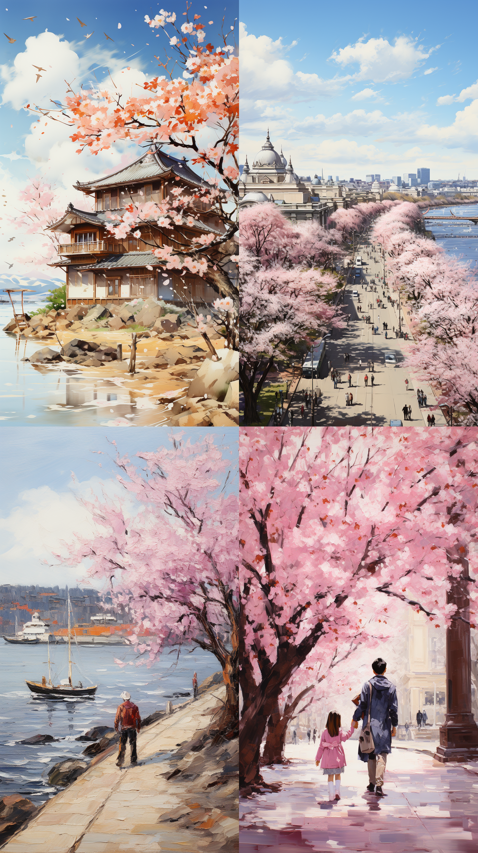 春天 午后 儿童放风筝 草坪 湖边 儿童画 油画棒质感 颜色柔和 全景 自然光 太阳光 玛格丽特 园林